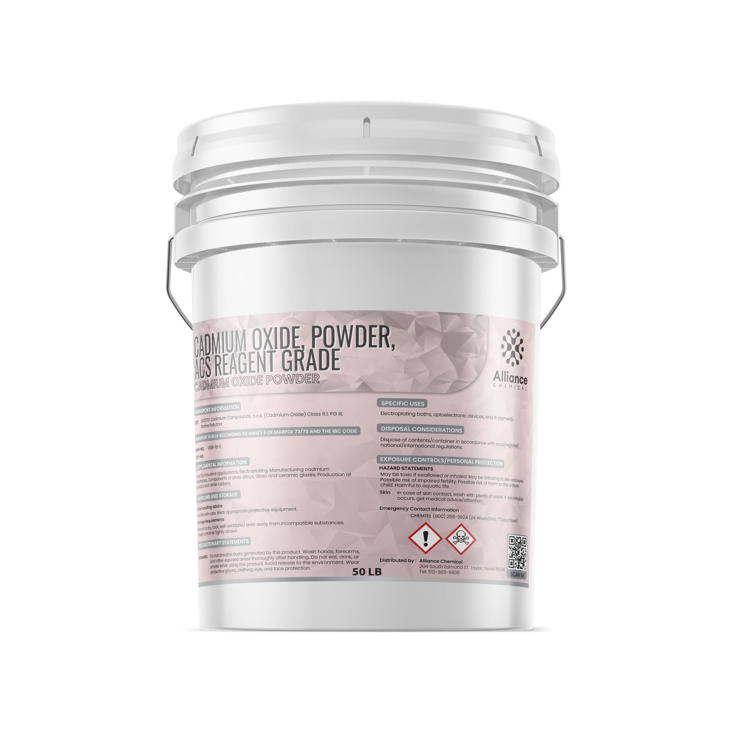50 LB white industrial bucket of Cadmium Oxide Powder ACS Reagent Grade with hazard pictograms, safety information, and Alliance Chemical branding.