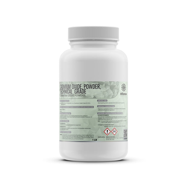 One 1-lb plastic bottle of Alliance Chemical Cadmium Oxide Powder, Technical Grade, with a white screw cap and product label.