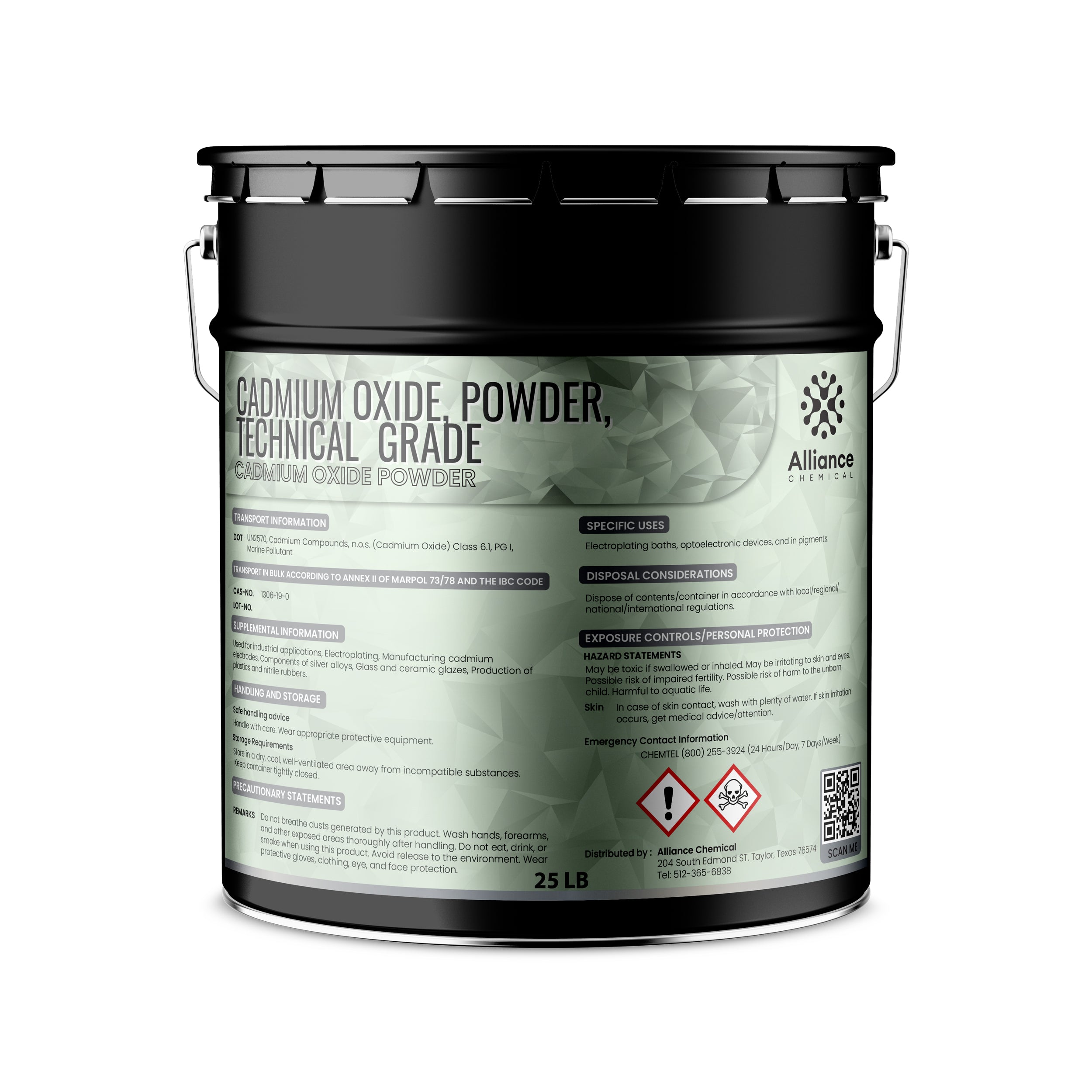 25 lb technical-grade cadmium oxide powder in black industrial pail with hazard warnings, GHS symbols, handle, and Alliance Chemical branding on sage label.