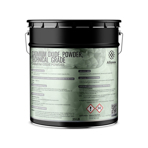 25 lb technical-grade cadmium oxide powder in black industrial pail GHS symbols, handle, and Alliance Chemical branding