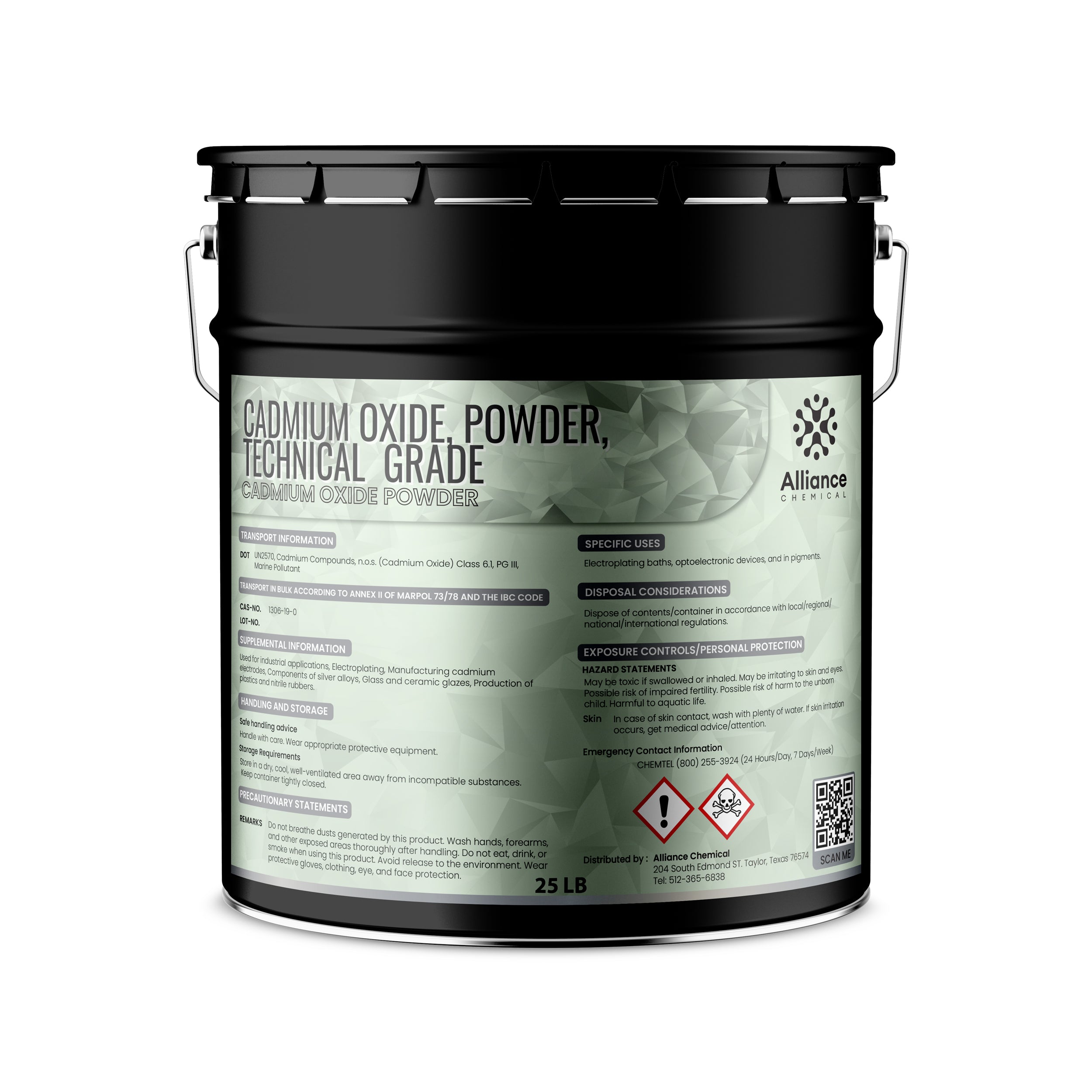 25 LB black container of technical-grade Cadmium Oxide powder with GHS hazard symbols, Alliance Chemical branding, and detailed safety information.