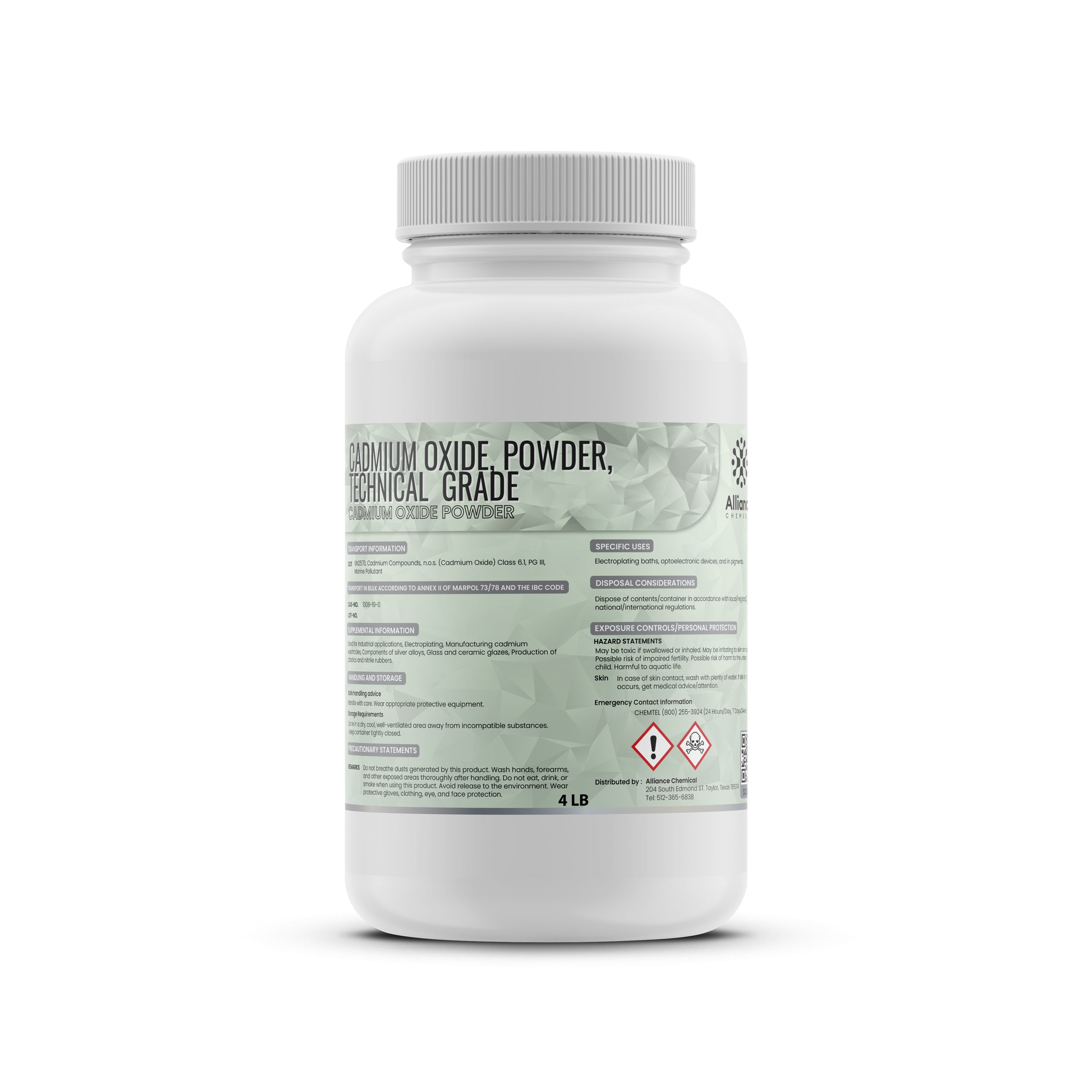 4 lb white HDPE bottle of technical-grade Cadmium Oxide powder with green label, hazard pictograms, and safety information for industrial use.