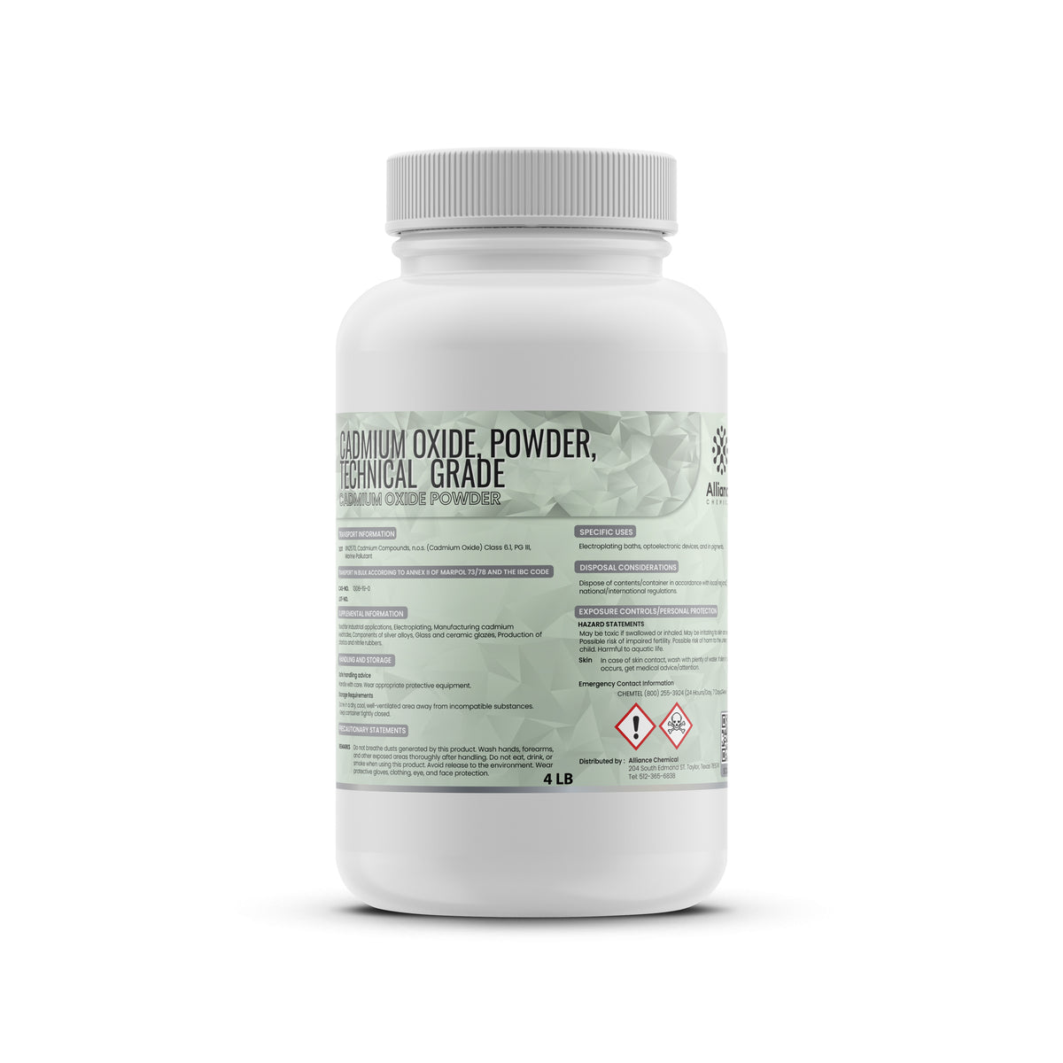 4-lb plastic bottle of Alliance Chemical Cadmium Oxide Powder, Technical Grade, with a white screw cap and product label.