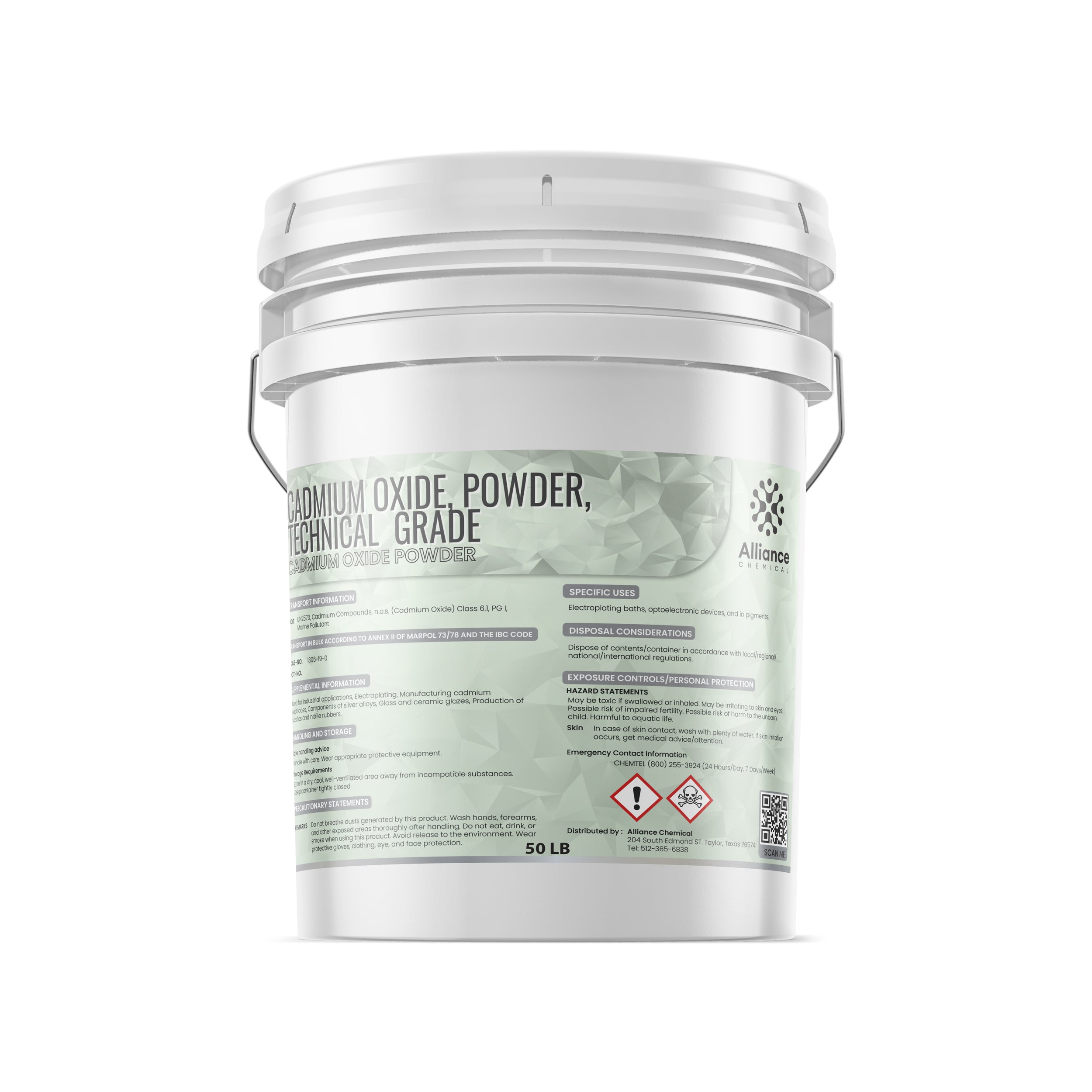 50 lb technical-grade cadmium oxide powder in white industrial bucket with GHS toxic/hazardous warning symbols, safety information, and secure lid system.