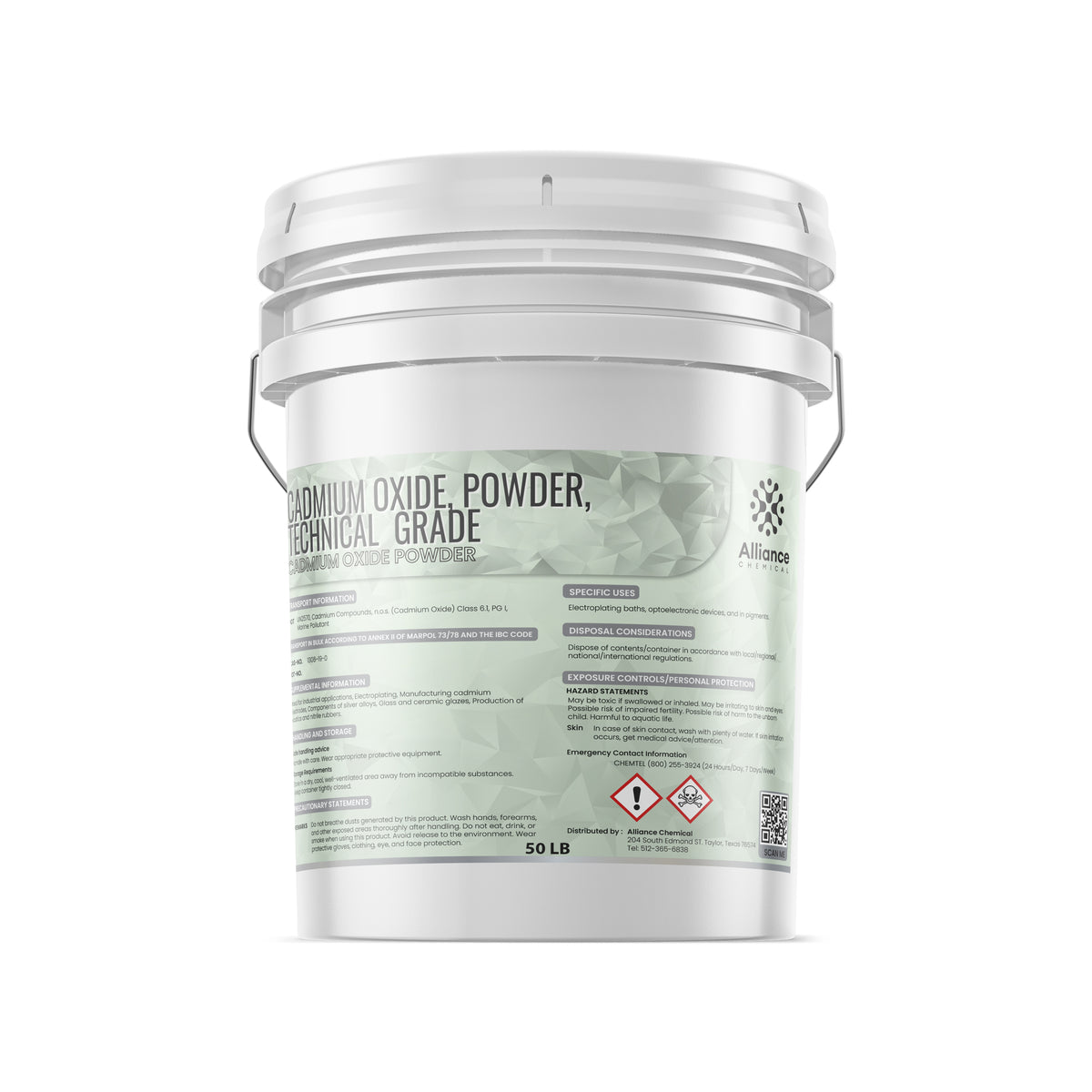 Alliance Chemical Cadmium Oxide Powder Technical Grade in a white plastic pail with a metal handle.