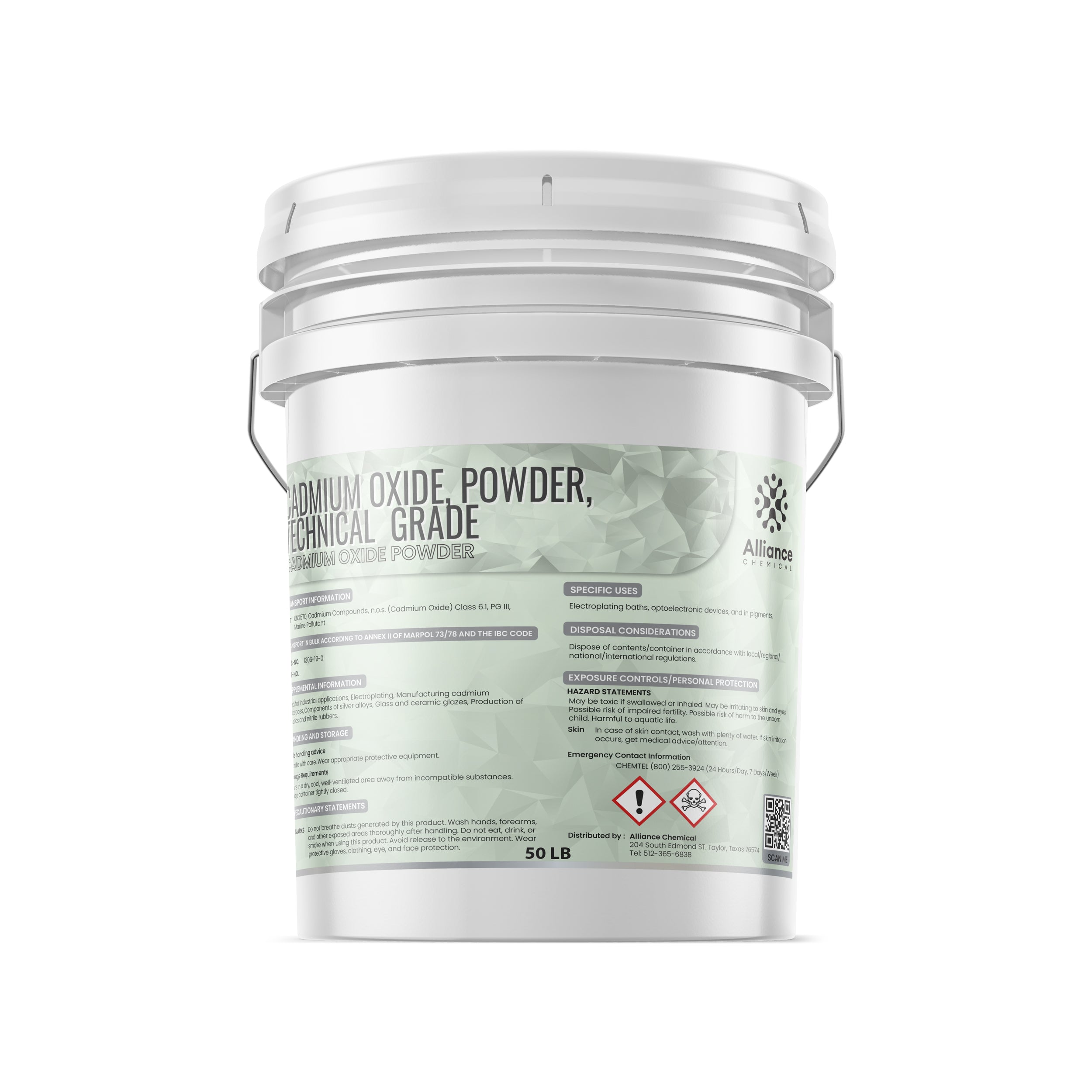 50 LB white industrial bucket of technical-grade Cadmium Oxide powder with hazard pictograms, Alliance Chemical label, and safety information panel.
