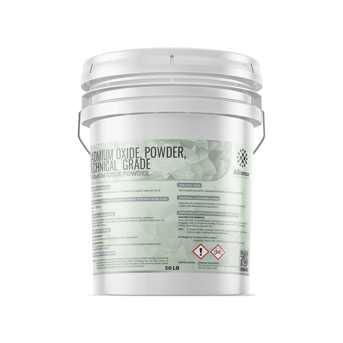 50 LB white industrial bucket of technical-grade Cadmium Oxide powder Alliance Chemical label, and safety information panel