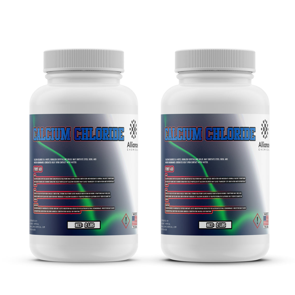 2-lb HDPE bottles of calcium chloride crystalline deicer with safety first-aid warnings, Alliance Chemical branding
