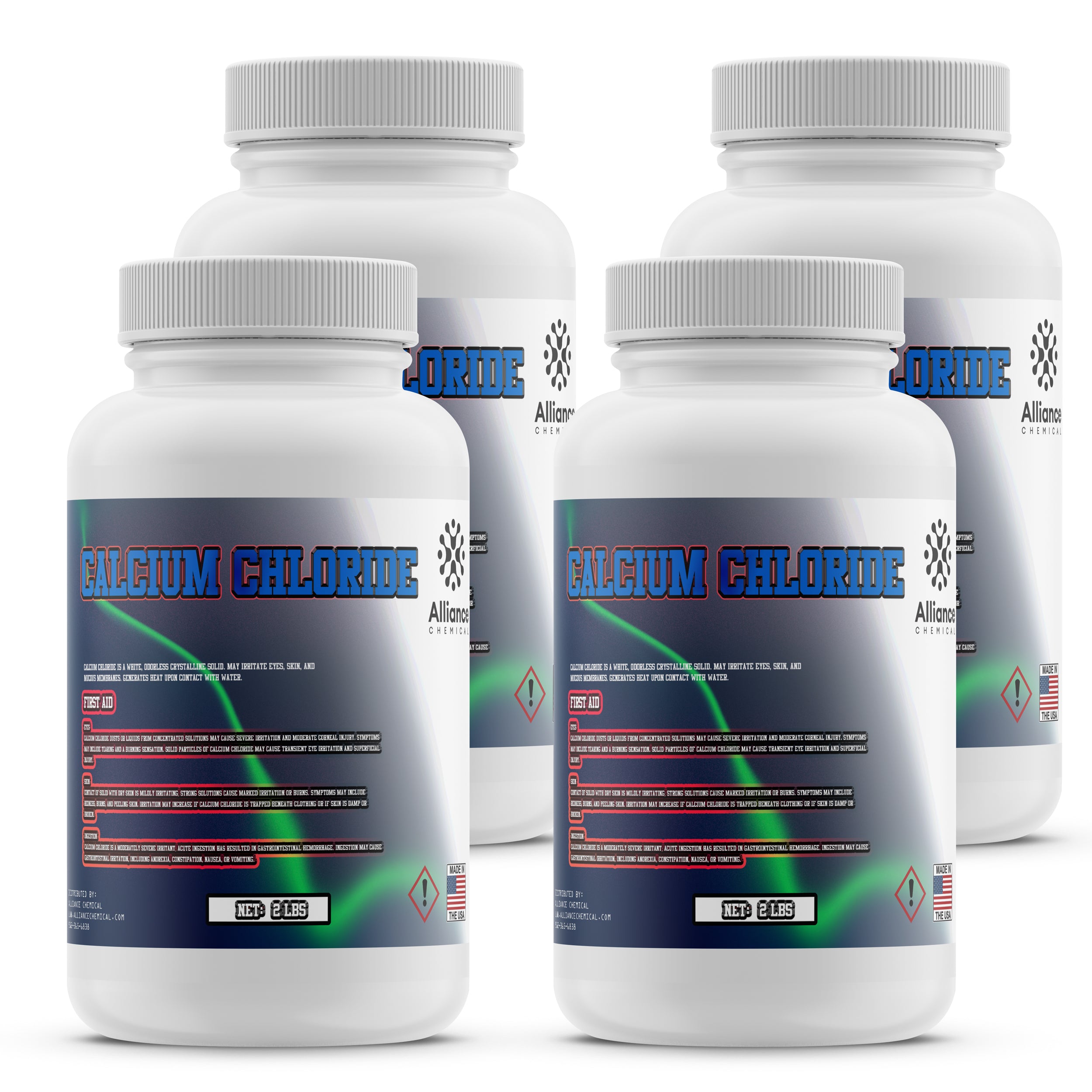2-lb calcium chloride industrial-grade white crystalline solid in HDPE containers, 4-pack with GHS warning labels, First Aid info, Alliance Chemical branding.