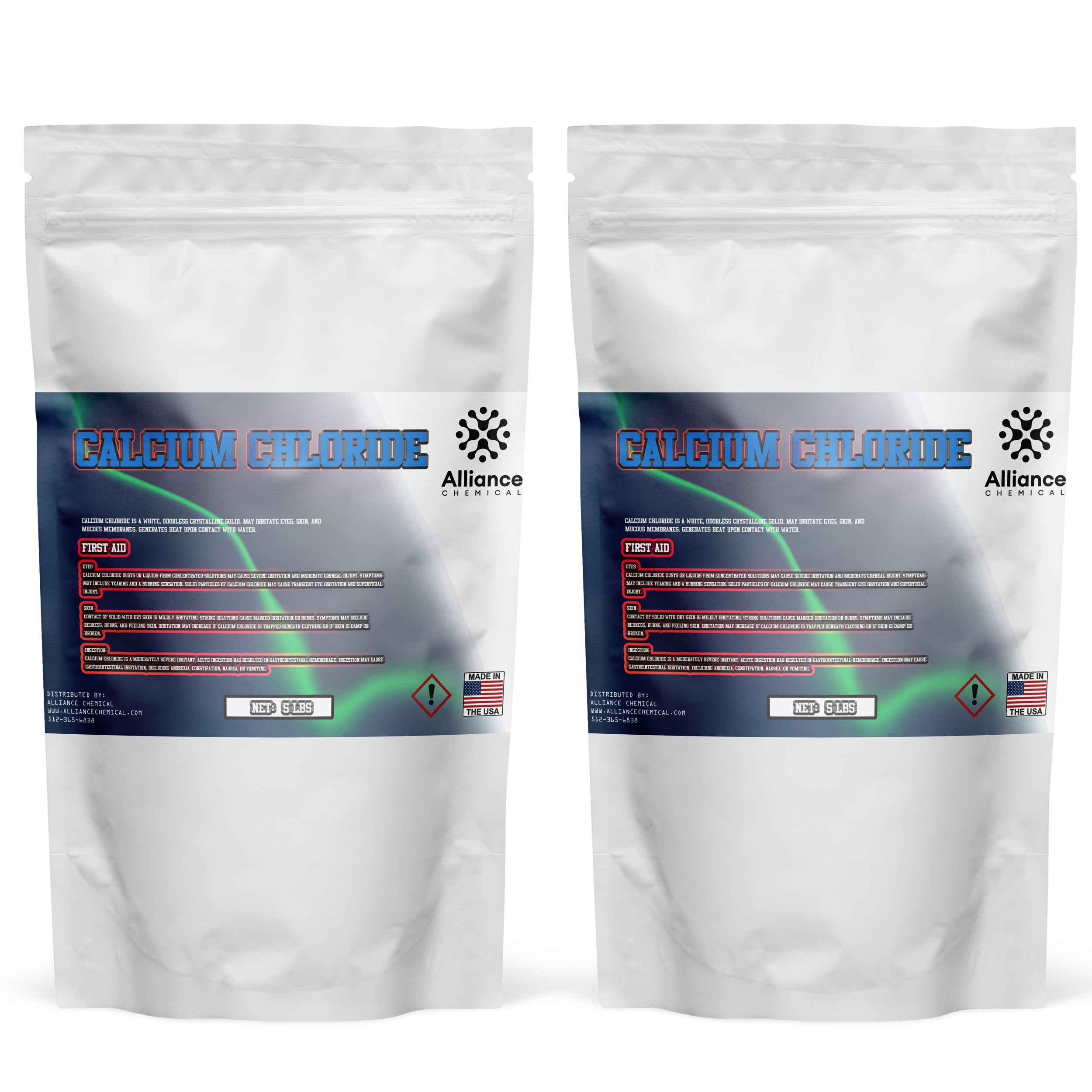 5 lb bags (2-pack) of industrial-grade Calcium Chloride by Alliance Chemical, white resealable pouches with GHS hazard symbol, first-aid information, Made in USA.