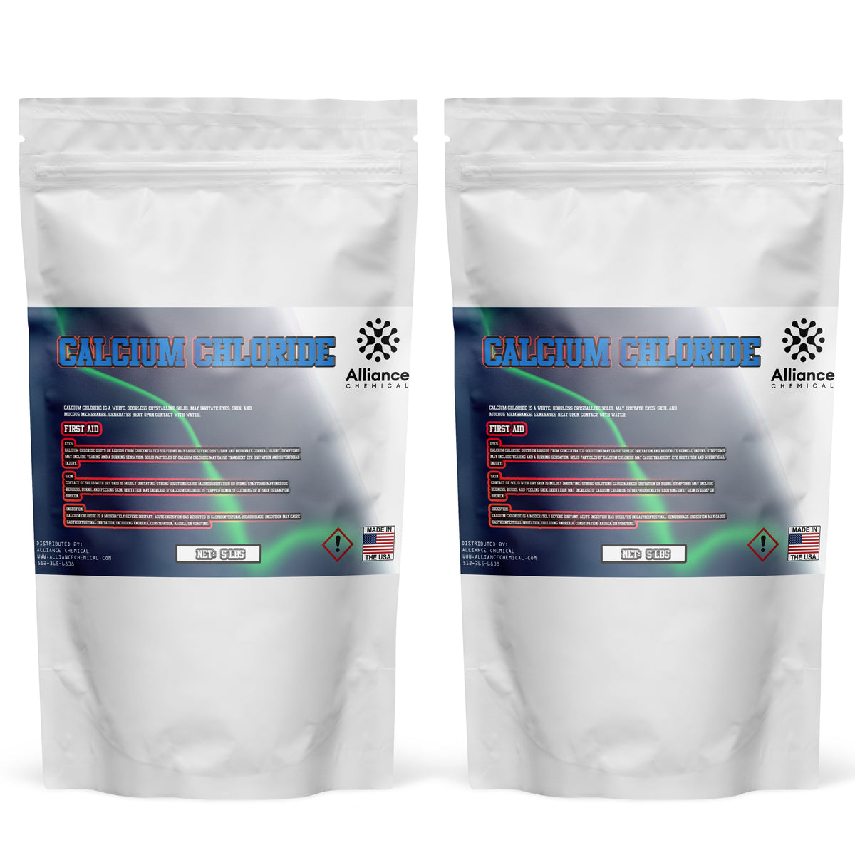 Two 5-lb Alliance Chemical Calcium Chloride bags with resealable zipper closure and product information label.