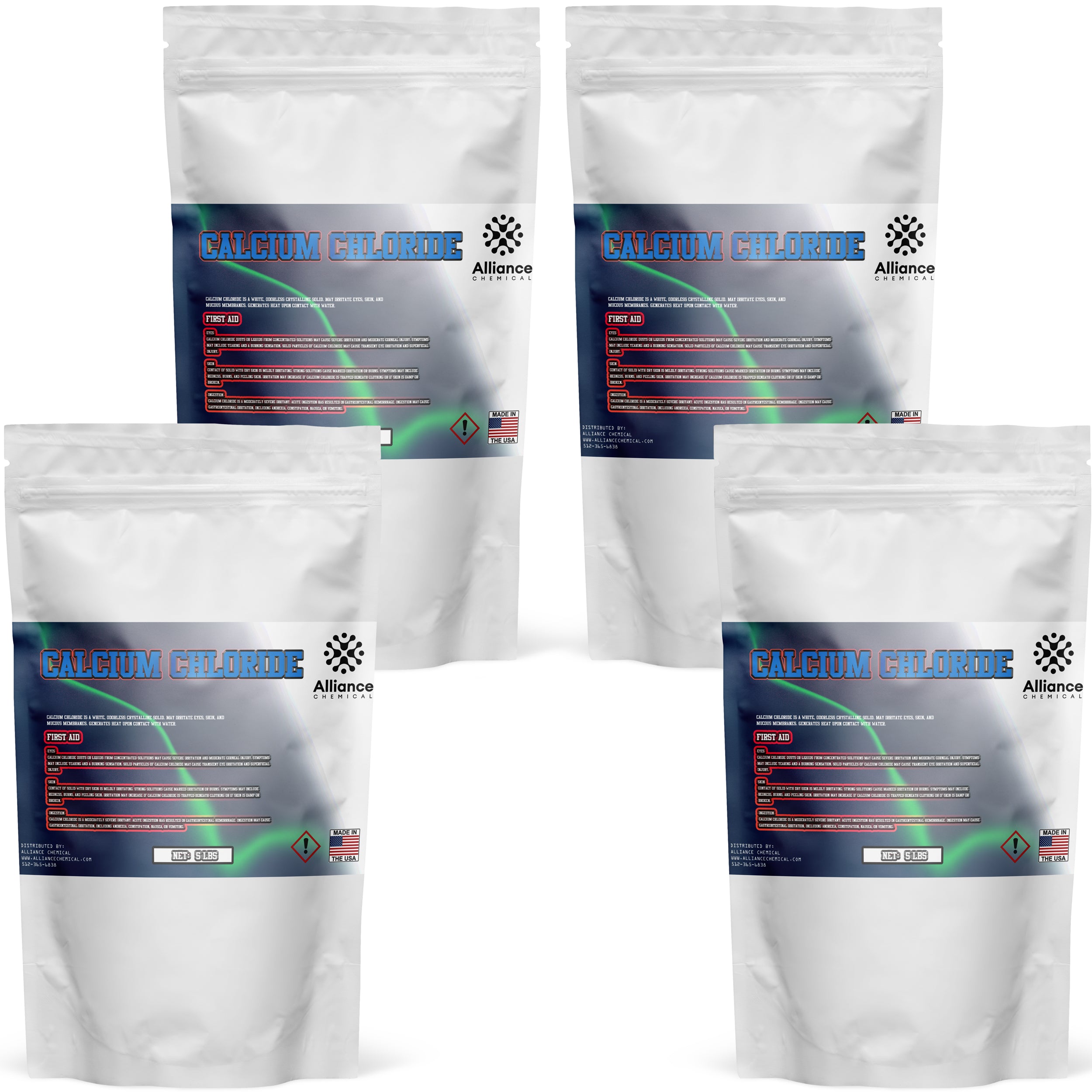 5 lb calcium chloride industrial-grade bags (4-pack) with resealable closure, First Aid instructions, hazard symbol, Made in USA label, Alliance Chemical branding.