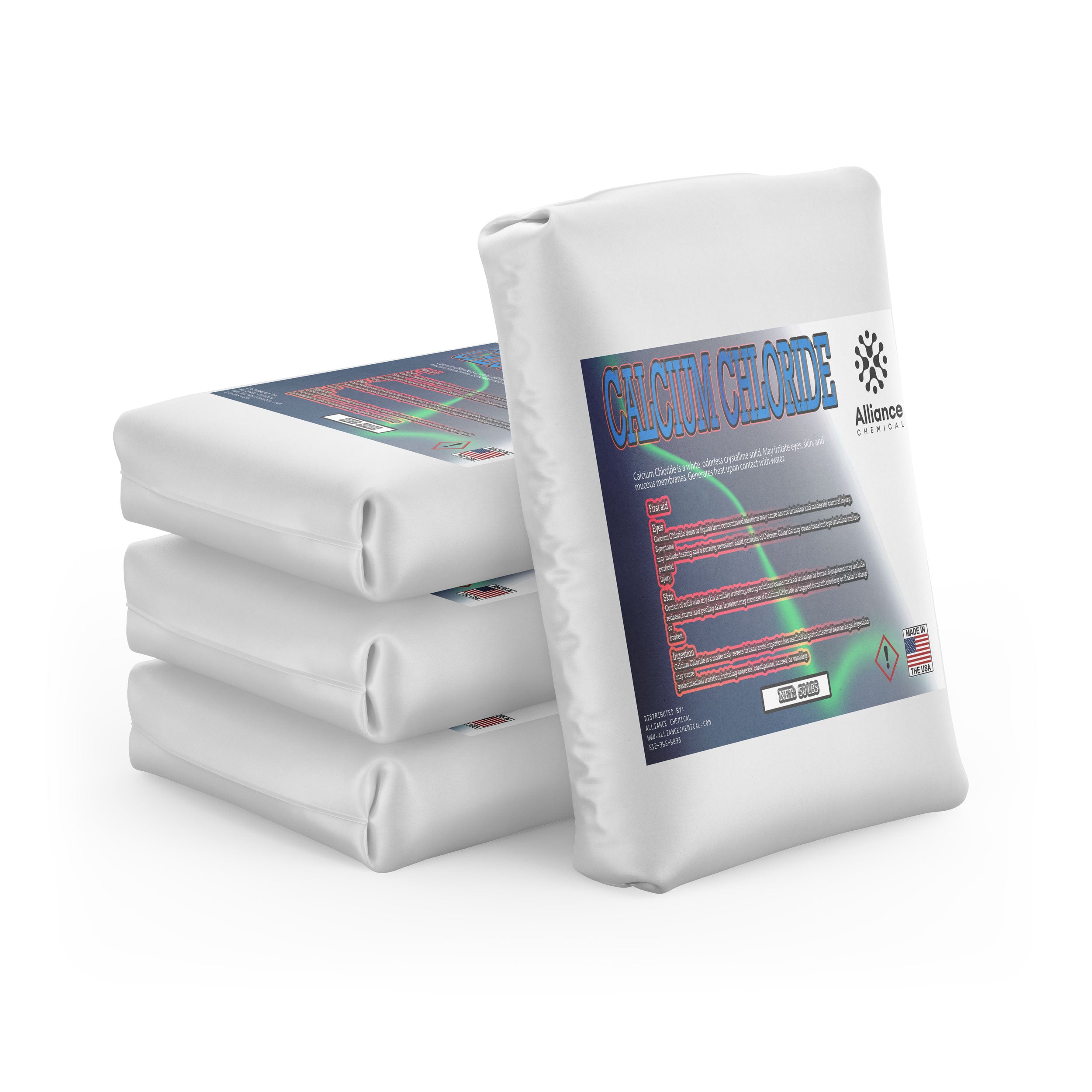 55lb bags of industrial-grade calcium chloride by Alliance Chemical, stacked in white moisture-resistant packaging with hazard symbol, Made in USA label.