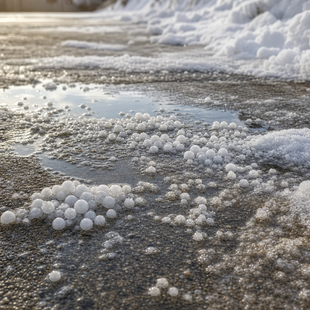 Calcium chloride pellets melting ice on a snowy concrete driveway — Alliance Chemical bulk supply