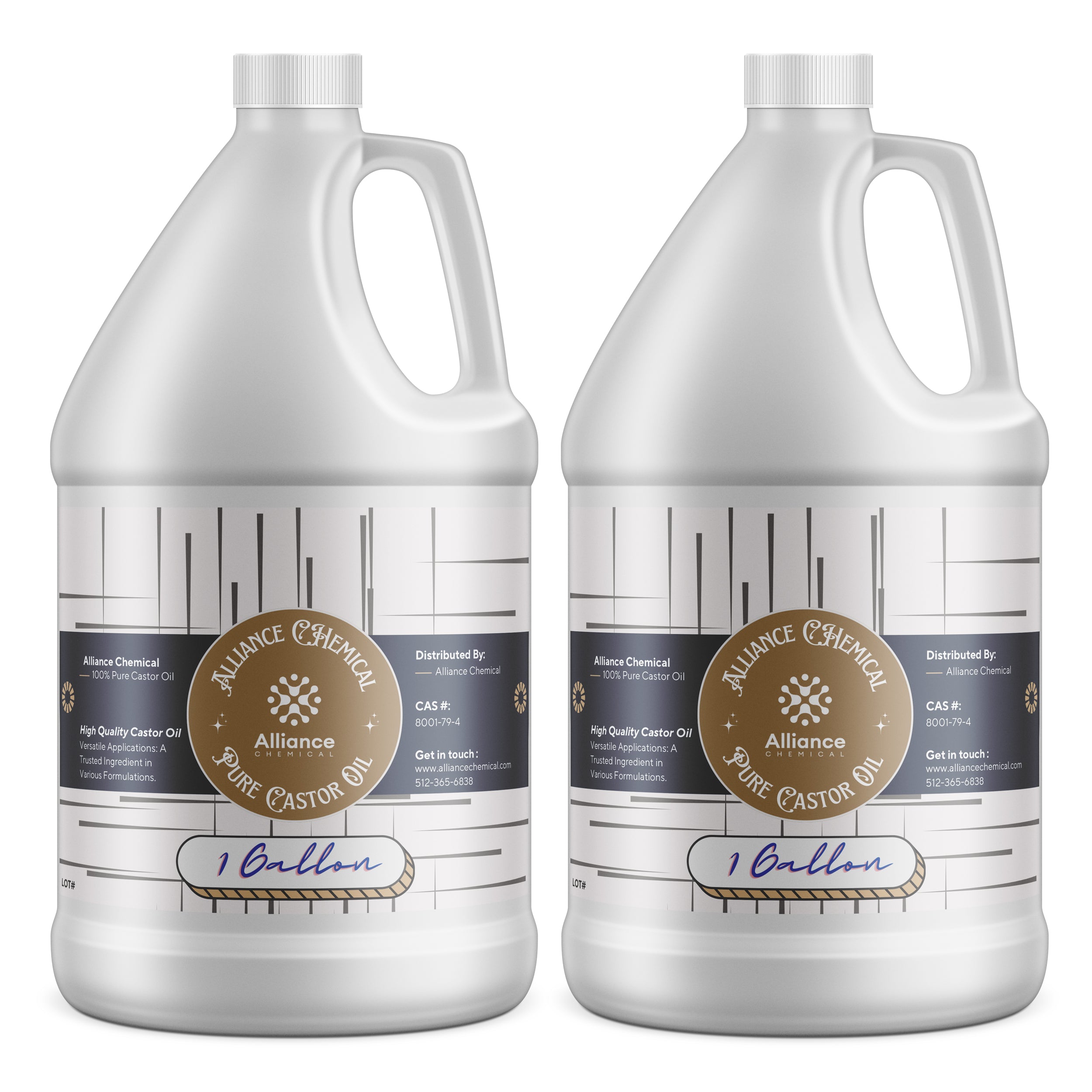 1-gallon HDPE jugs of pure castor oil by Alliance Chemical, featuring brown certification seal, industrial labeling, and CAS identification number.