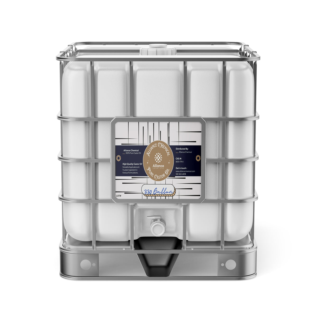 One 330-gallon plastic tote of Alliance Chemical 100% Pure Castor Oil with a steel cage and a spigot.