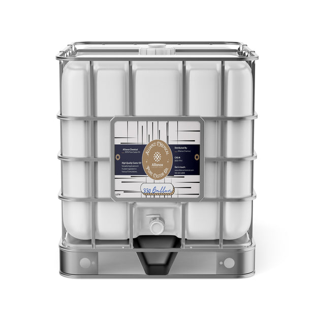 One 330-gallon plastic tote of Alliance Chemical 100% Pure Castor Oil with a steel cage and a spigot.