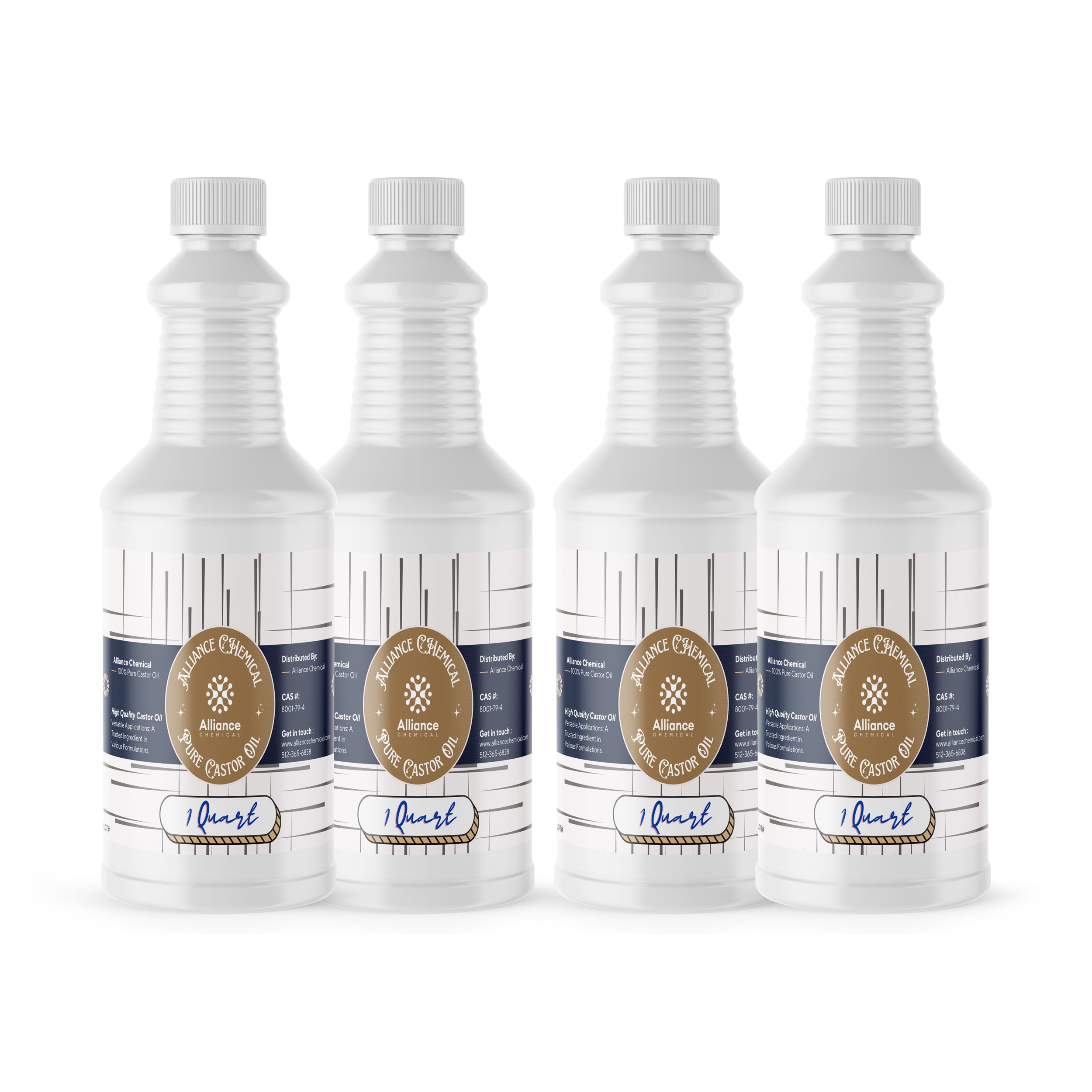 4-pack of 1-quart HDPE bottles containing pure castor oil by Alliance Chemical, featuring white industrial containers with gold-navy labels and ribbed caps.