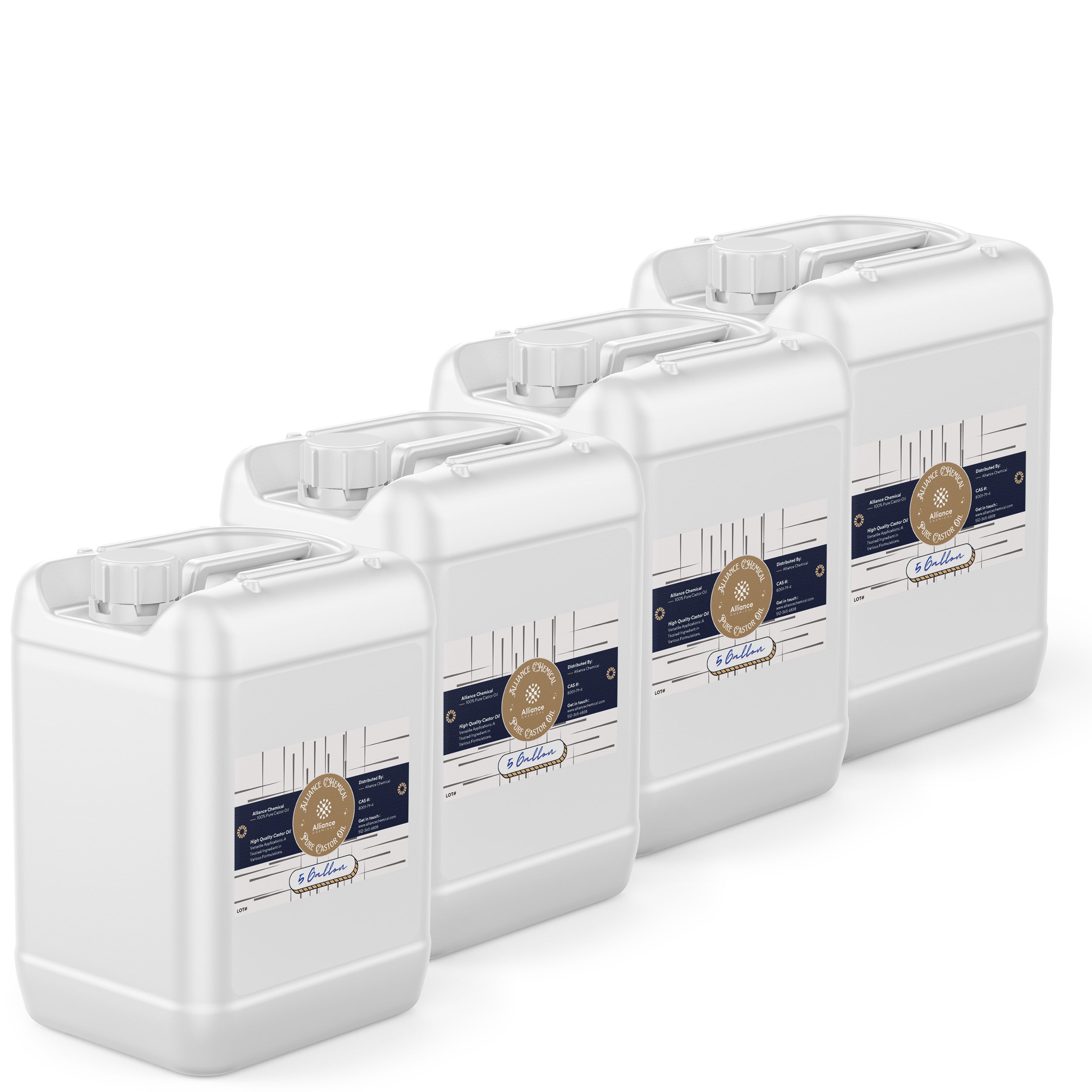 20-gallon bulk set of pharmaceutical-grade pure castor oil in 4 white HDPE industrial containers with tamper-evident caps and certification seals.