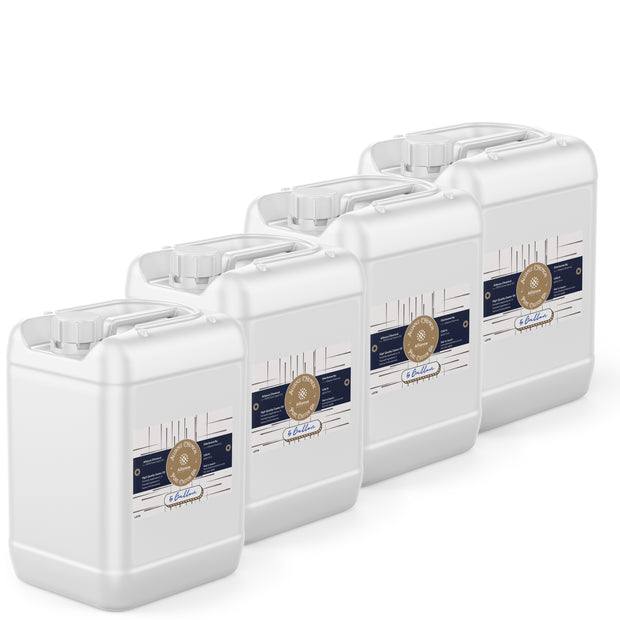 Four 5-gallon HDPE jugs of Alliance Chemical 100% Pure Castor Oil with white caps and product labels