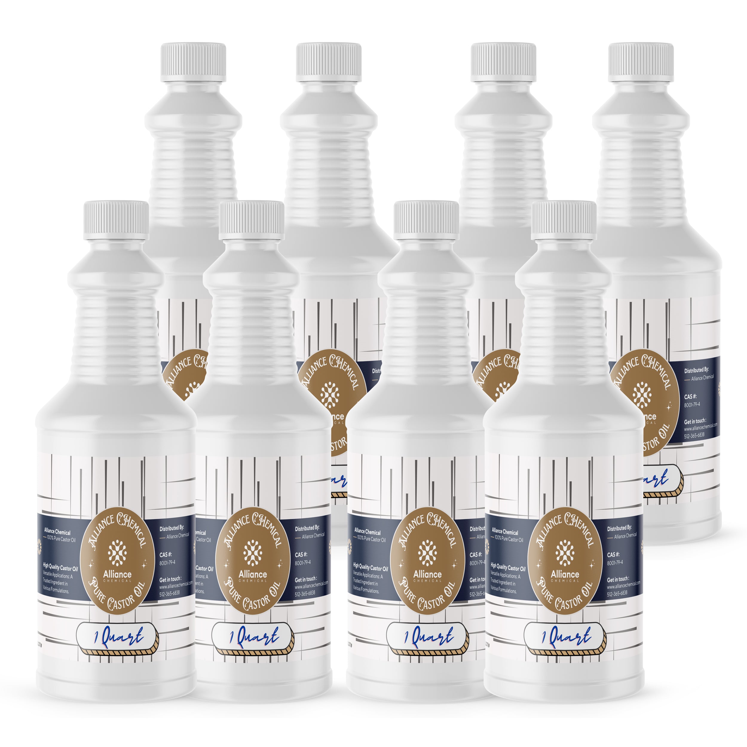 8x1-quart white HDPE bottles of Alliance Chemical pure castor oil with ribbed design, industrial-grade labeling and threaded safety caps.