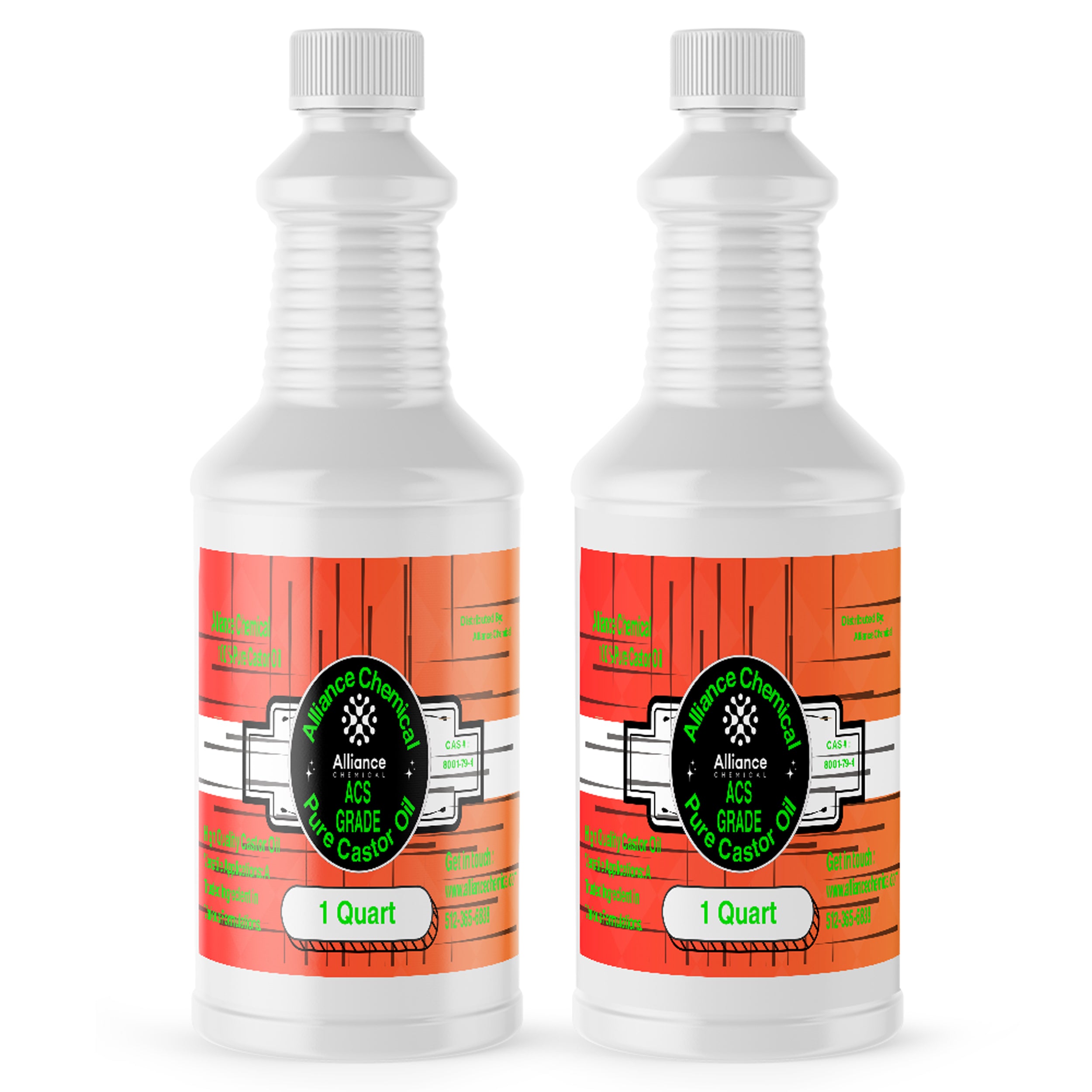 1-quart bottles of ACS-grade pure castor oil in white HDPE containers with Alliance Chemical labeling, red-orange industrial design.