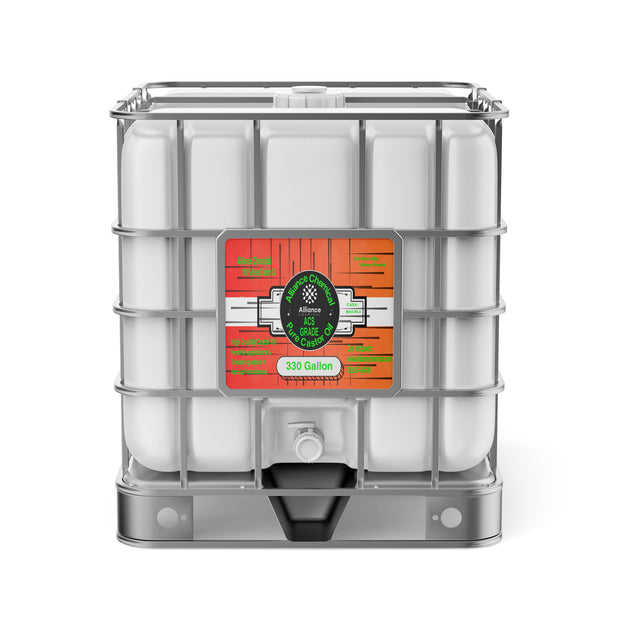One 330-gallon plastic tote of Alliance Chemical 100% Pure Castor Oil ACS Grade with a metal cage and a spigot.