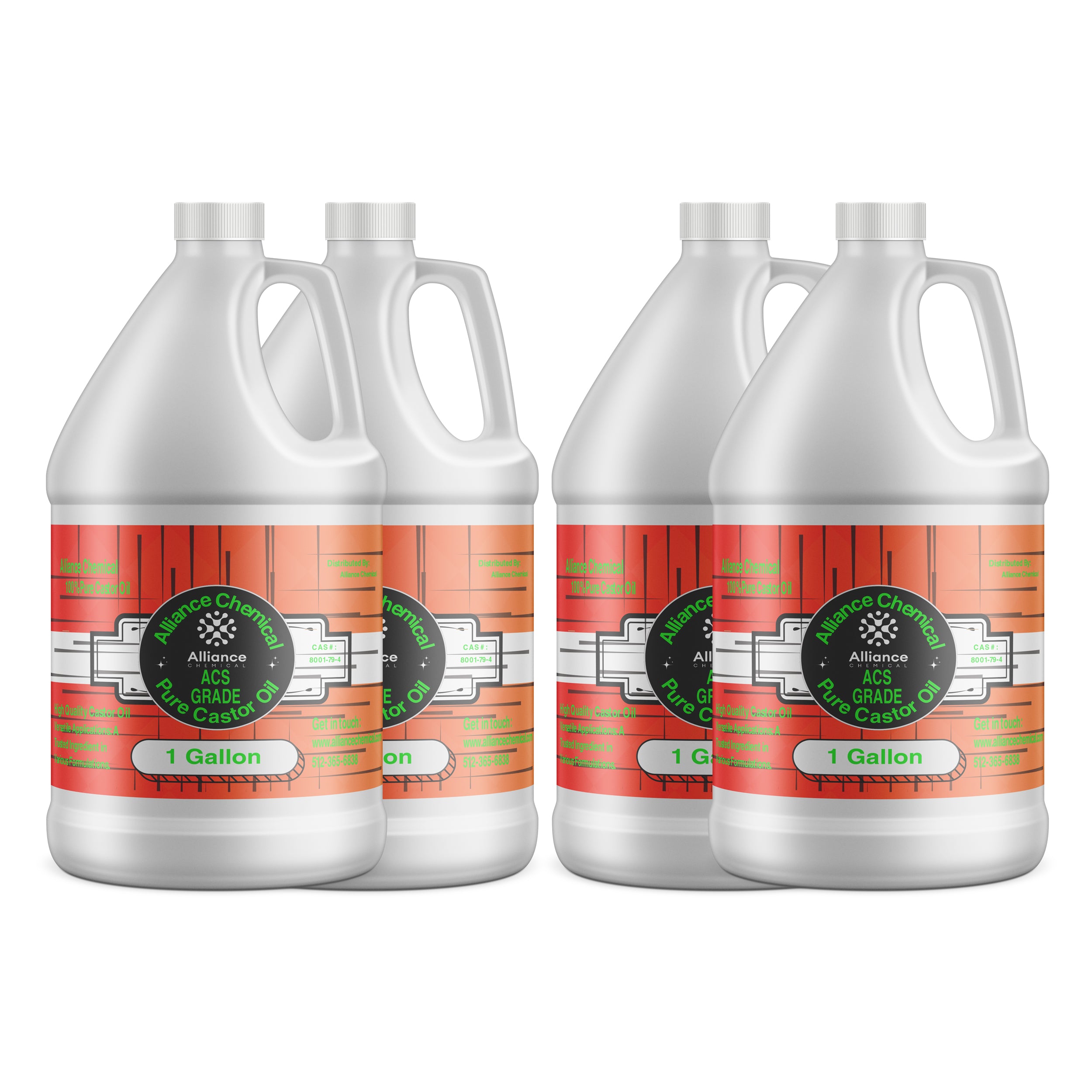 4x1-gallon HDPE jugs of ACS-grade pure castor oil by Alliance Chemical, featuring white containers with orange-red labels and green product identification badges.