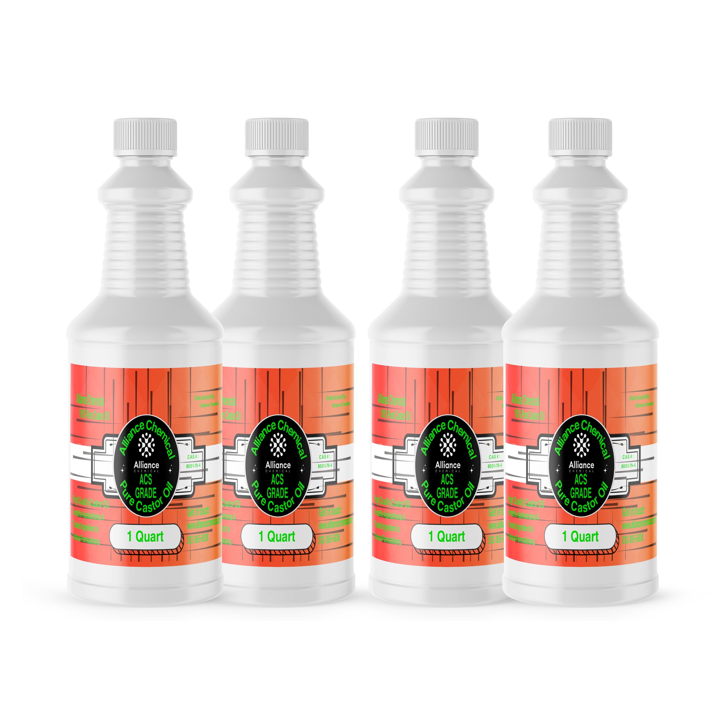 4x1-quart bottles of ACS-grade pure castor oil in white HDPE containers with Alliance Chemical branding and coral-colored labels.