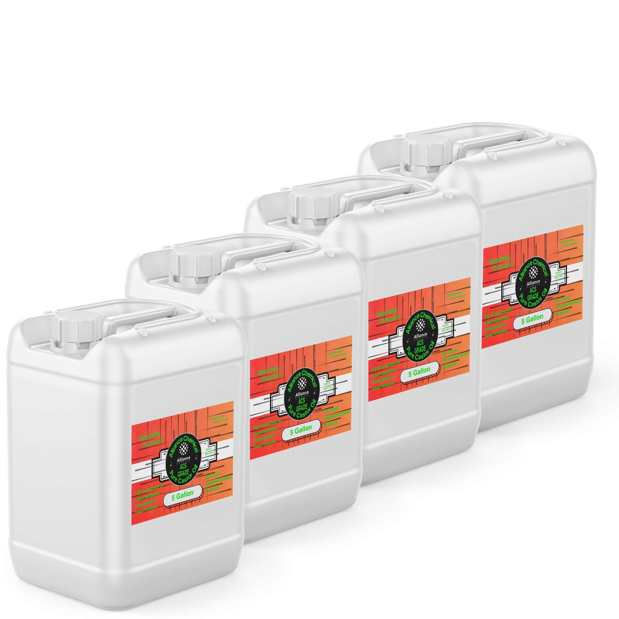 4x5-gallon HDPE containers of ACS-grade pure castor oil in white industrial jugs with safety-sealed caps and Alliance Chemical labeling.