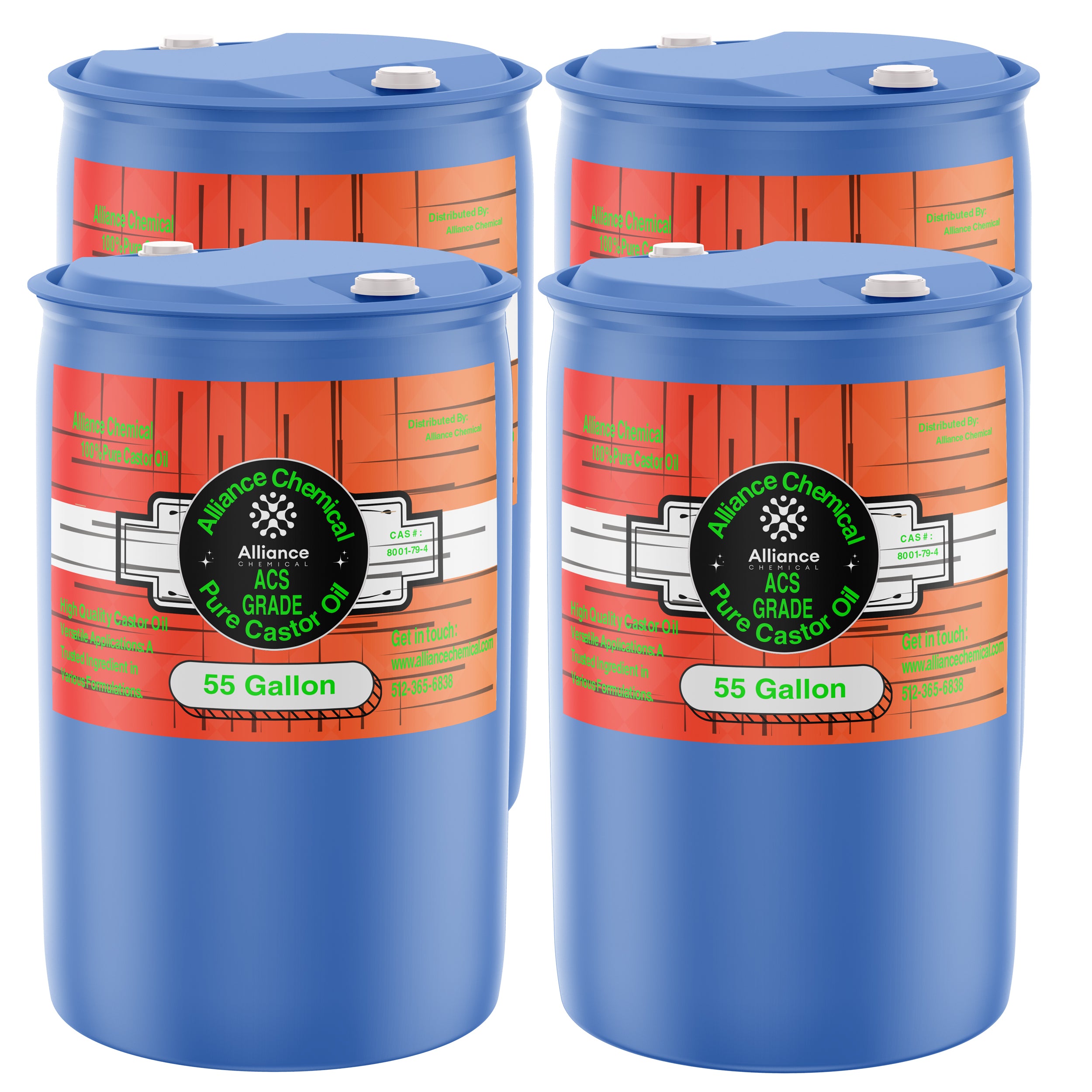 55-gallon blue HDPE drums of ACS-grade pure castor oil by Alliance Chemical, featuring orange labels with CAS identification and secure white caps.