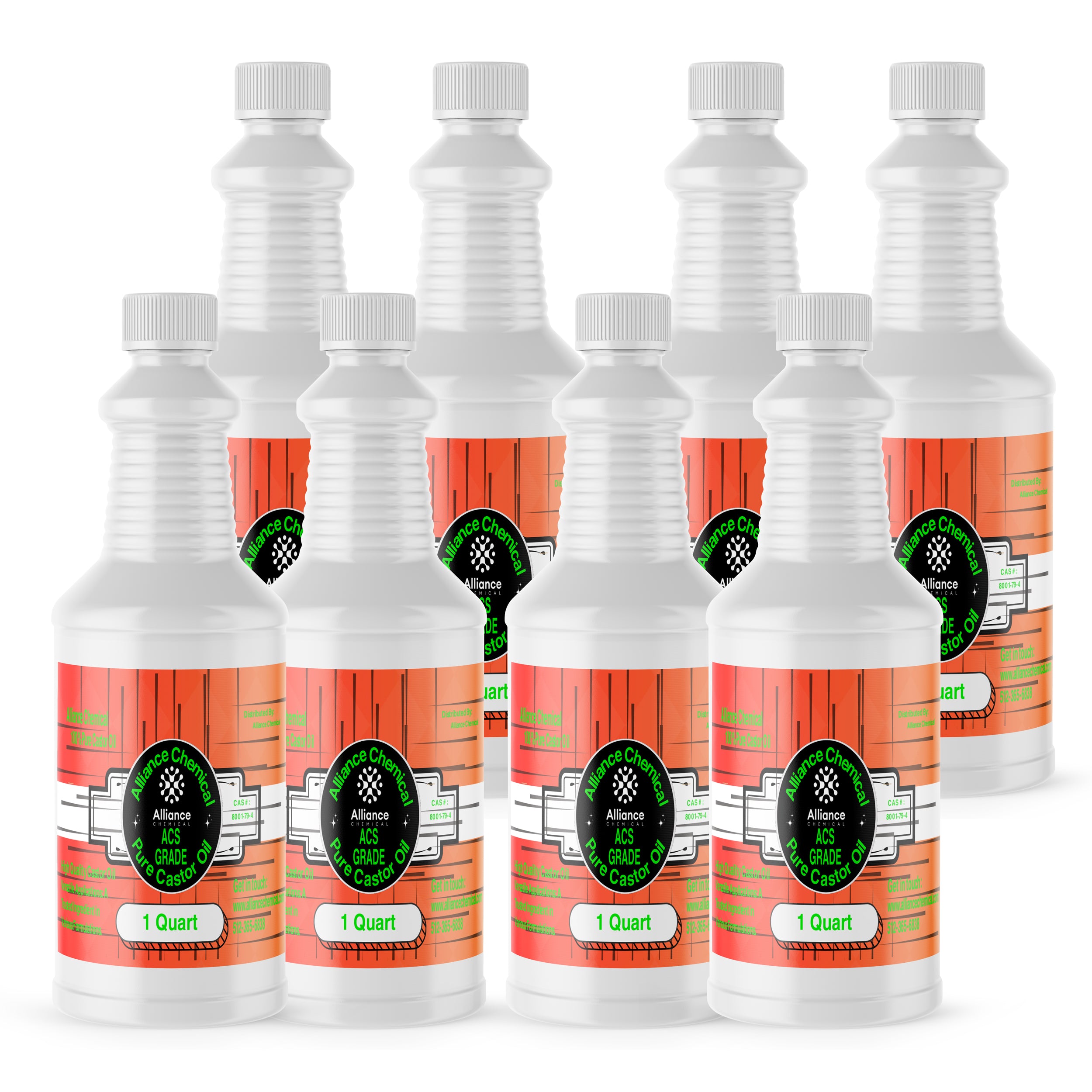 8x1-quart HDPE bottles of ACS-grade pure castor oil, Alliance Chemical brand with white ribbed caps and coral-colored labels showing certification mark.