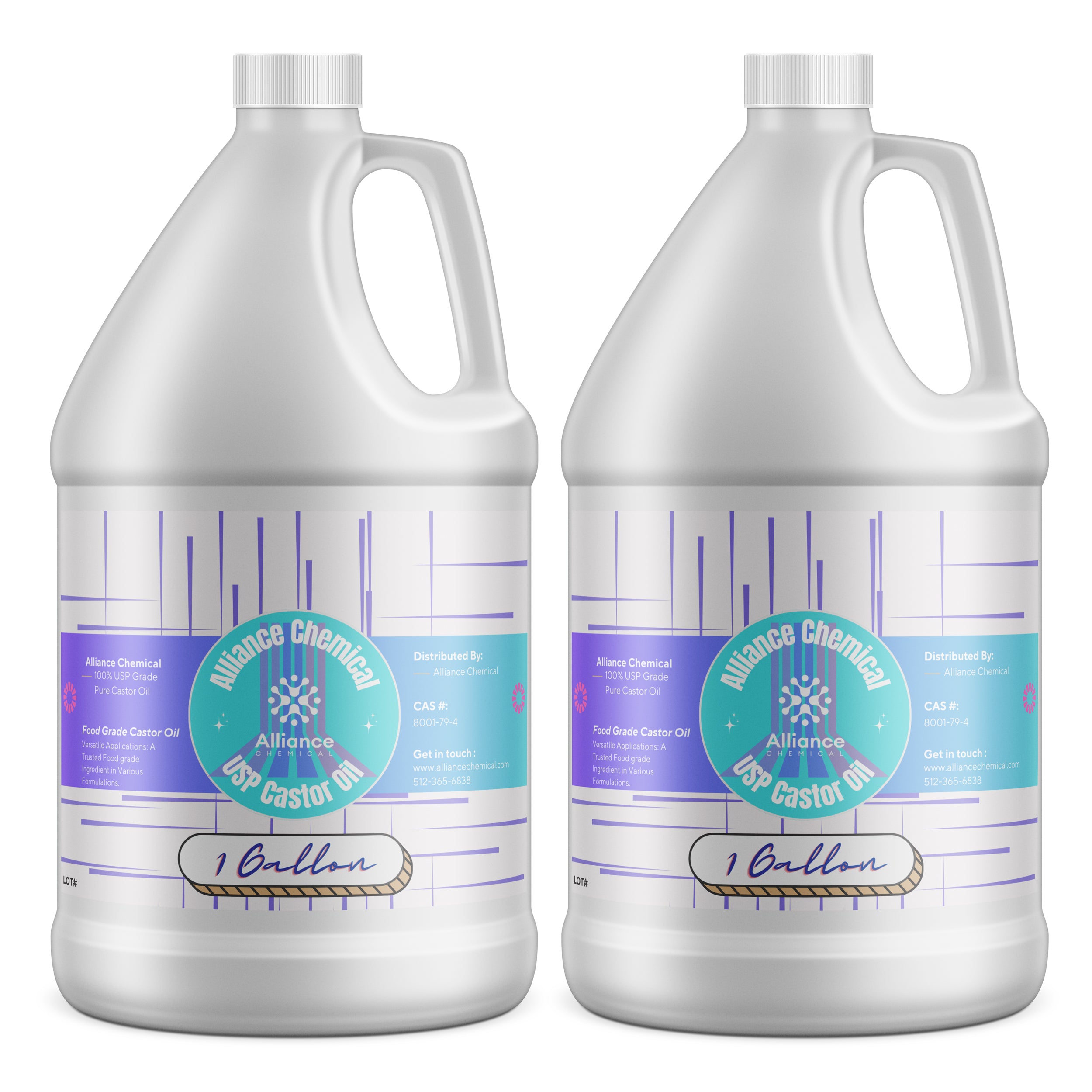Alliance Chemical 100% USP grade pure castor oil in two clear 1-gallon HDPE jugs with screw caps