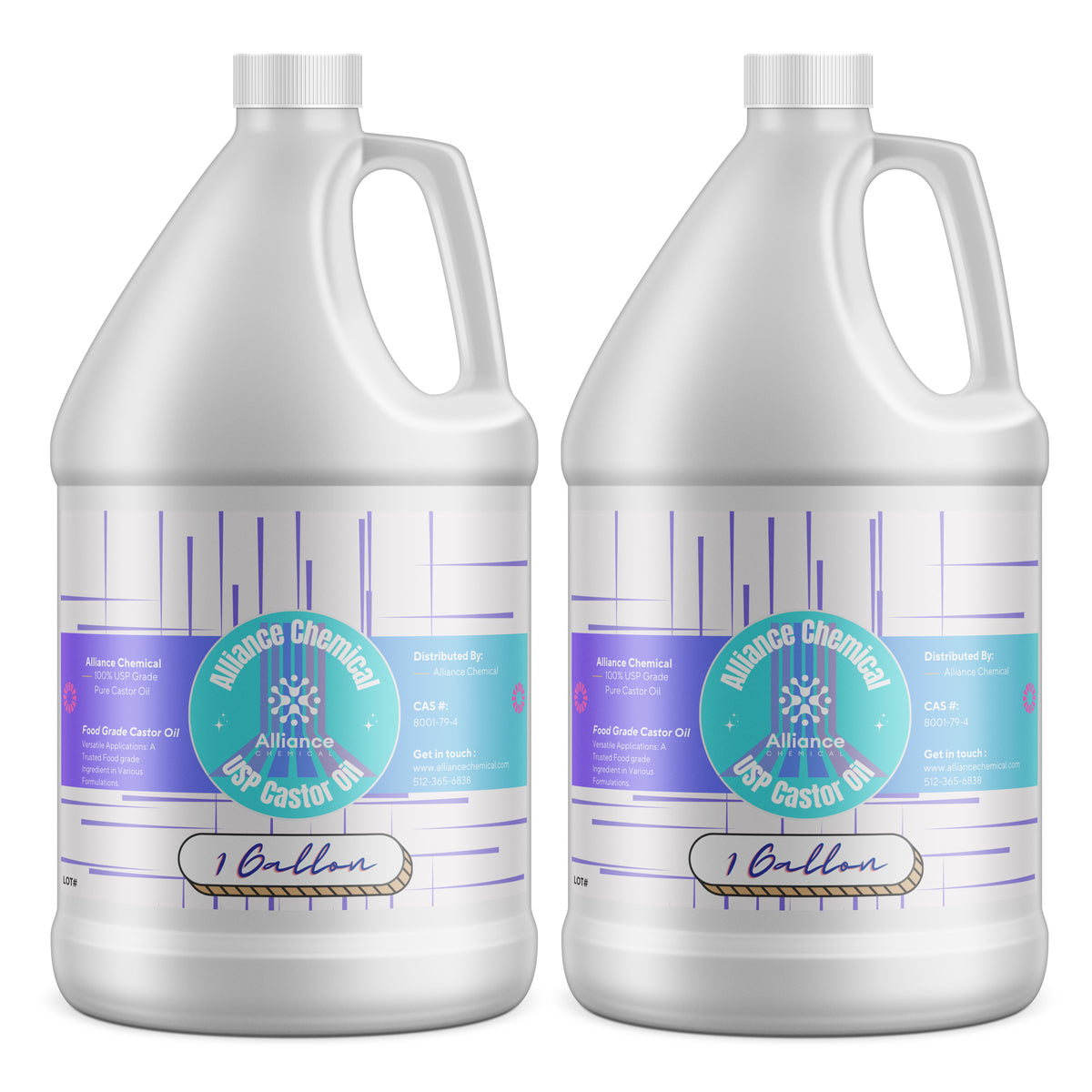 Alliance Chemical 100% USP grade pure castor oil in two clear 1-gallon HDPE jugs with screw caps