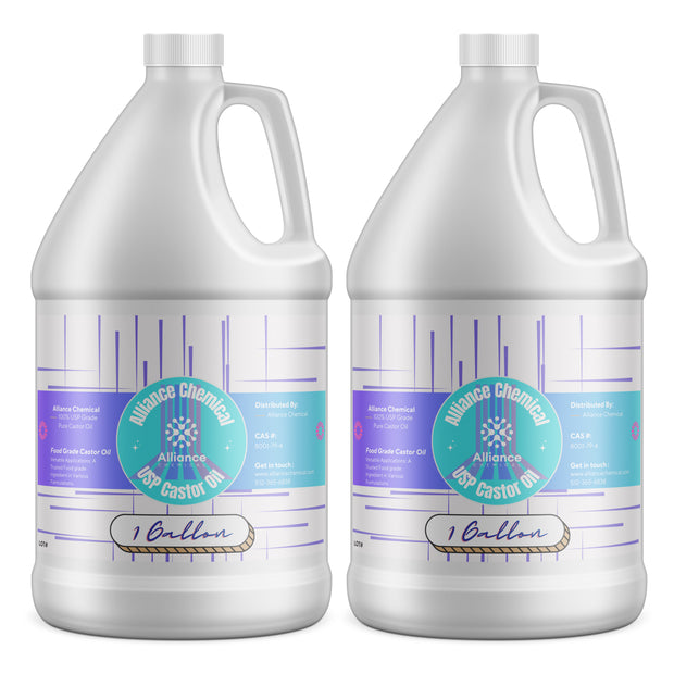 Alliance Chemical 100% USP grade pure castor oil in two clear 1-gallon HDPE jugs with screw caps