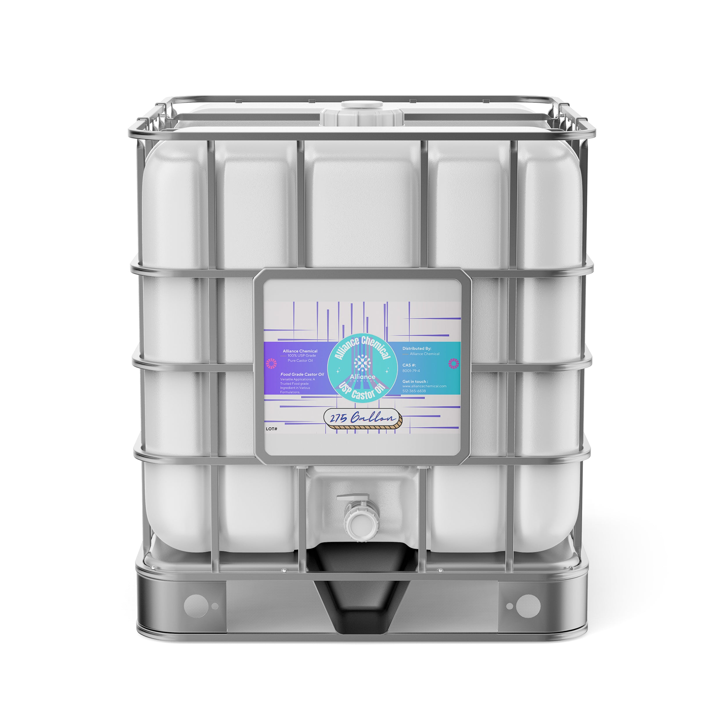 Alliance Chemical 100% USP grade pure castor oil in 275-gallon IBC tote with label