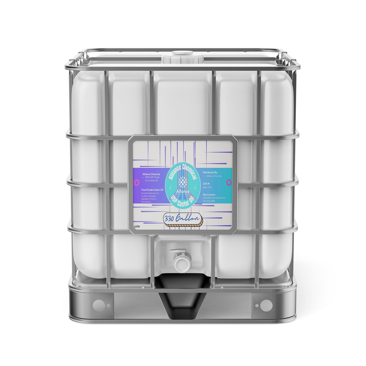 Alliance Chemical 330-gallon tote of 100% USP Grade Pure Castor Oil with a stainless steel cage and spigot.