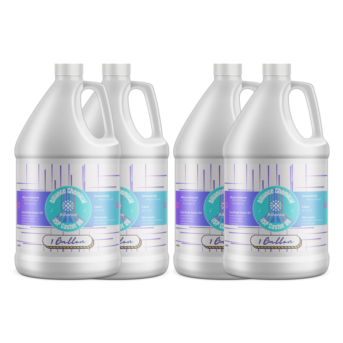 Alliance Chemical 100% USP grade pure castor oil in four 1-gallon HDPE jugs with handles