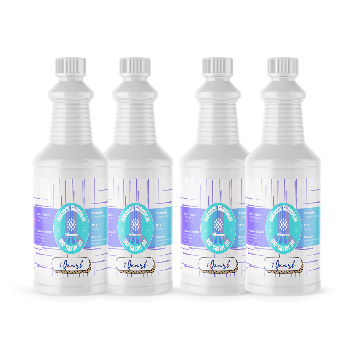 Alliance Chemical 100% USP grade pure castor oil in clear 1-quart plastic bottle with screw cap