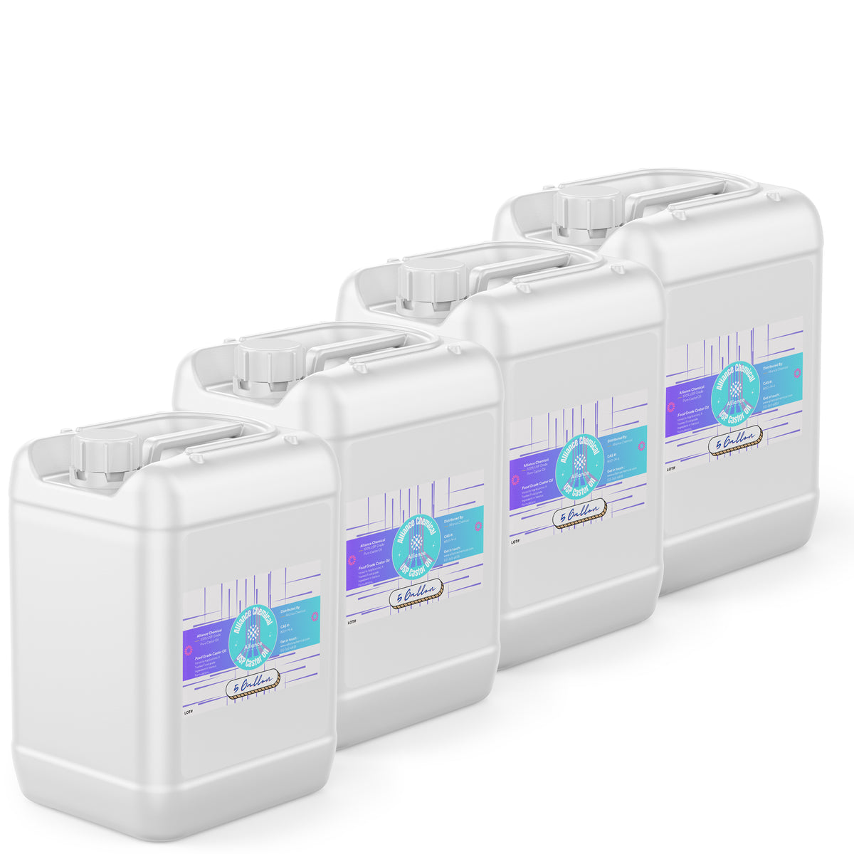 Alliance Chemical 100% USP grade pure castor oil in four 6-gallon white plastic jugs with screw caps