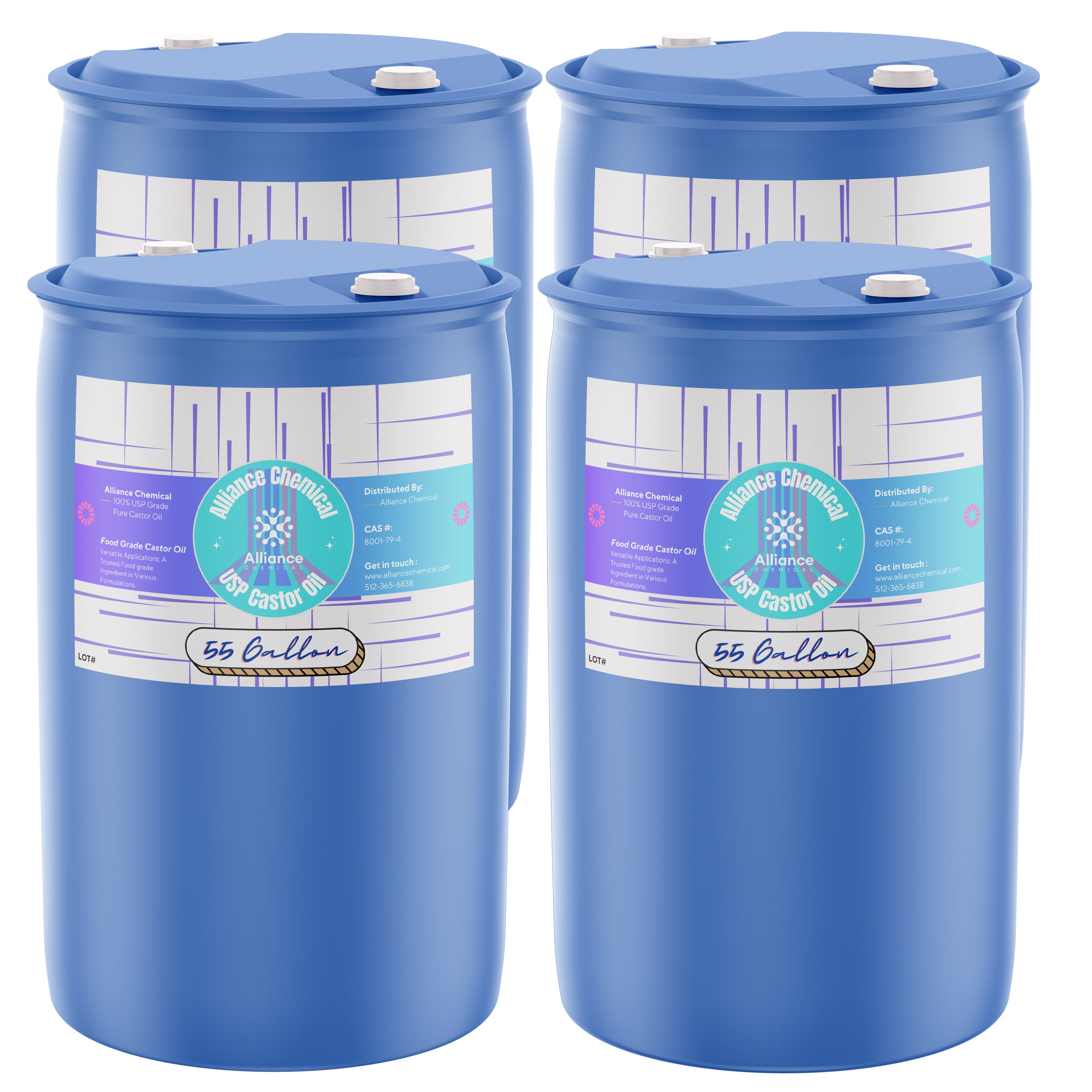 Alliance Chemical 100% USP grade pure castor oil in blue 55-gallon plastic drums with label
