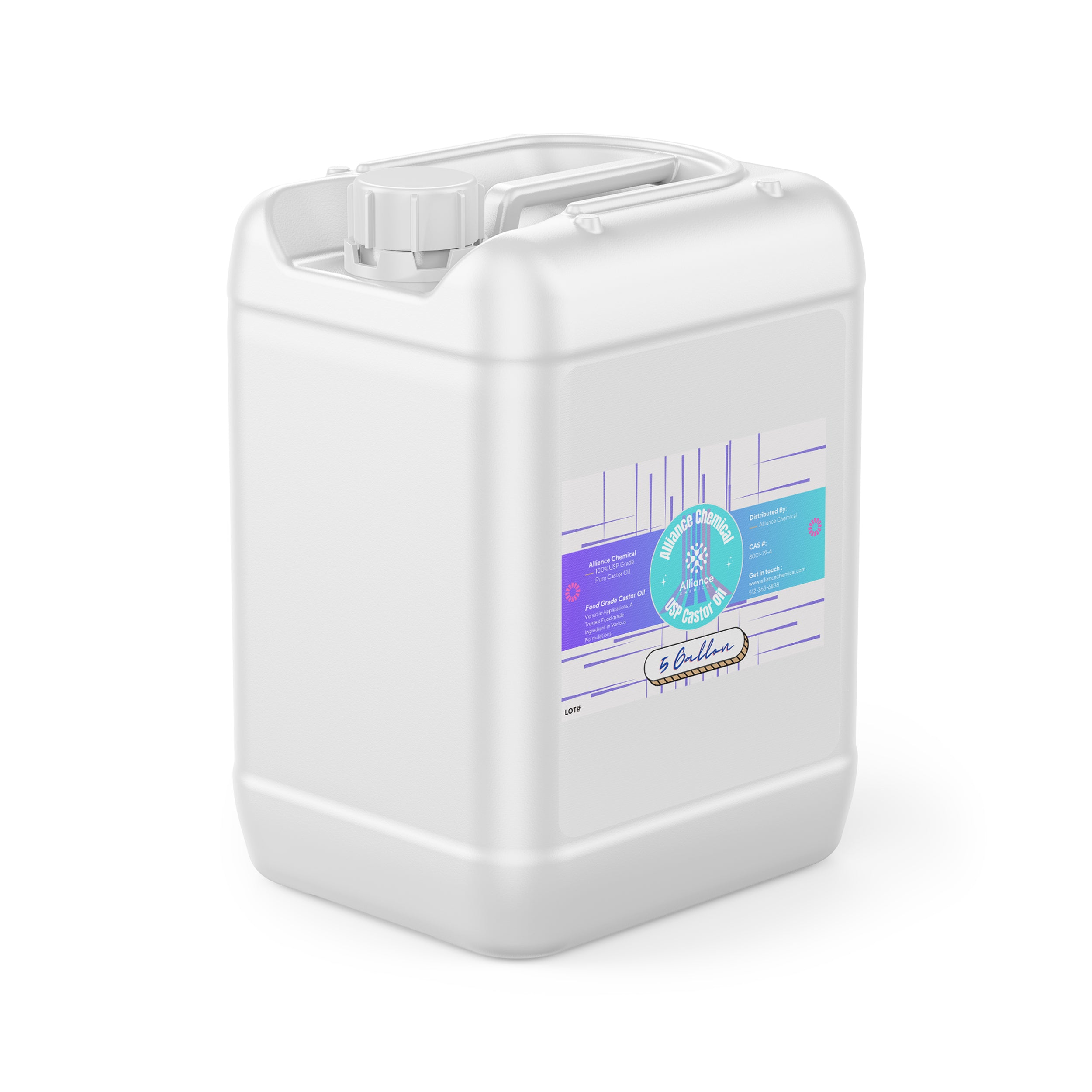 Alliance Chemical 100% USP grade pure castor oil in white 5-gallon HDPE container with screw cap