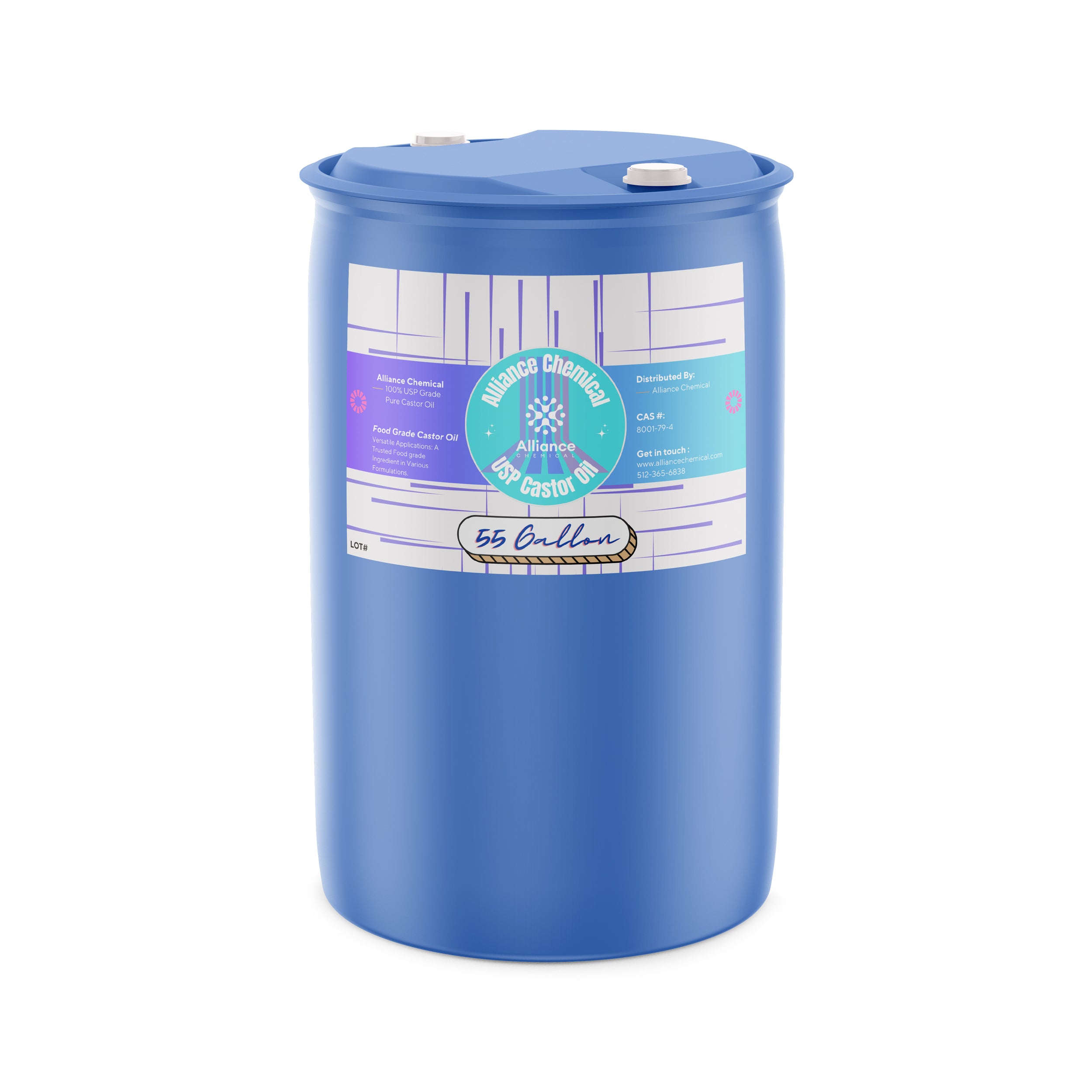 Alliance Chemical 100% USP grade pure castor oil in blue 55-gallon steel drum with label