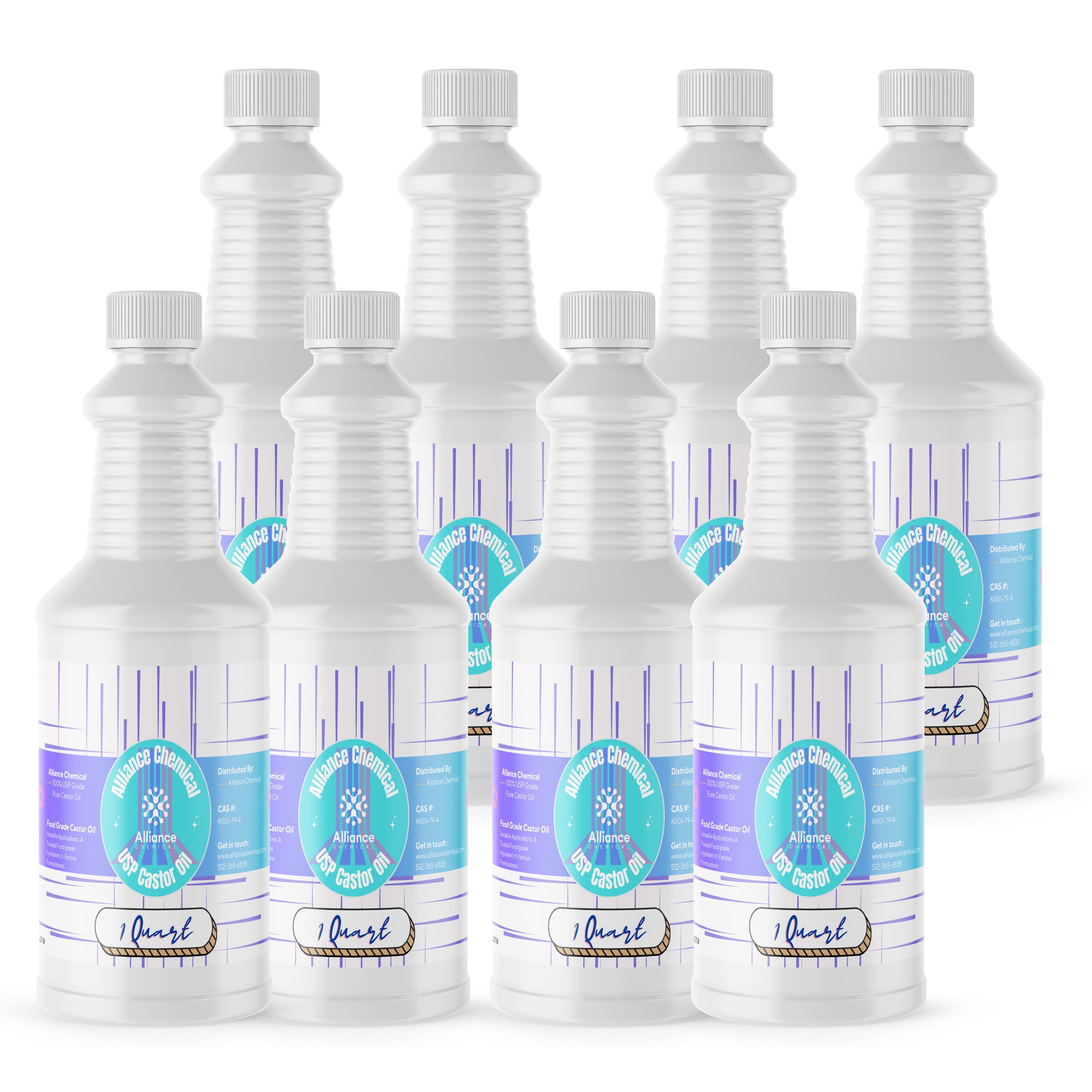 Alliance Chemical 100% USP grade pure castor oil in white 1-quart HDPE bottles with screw caps