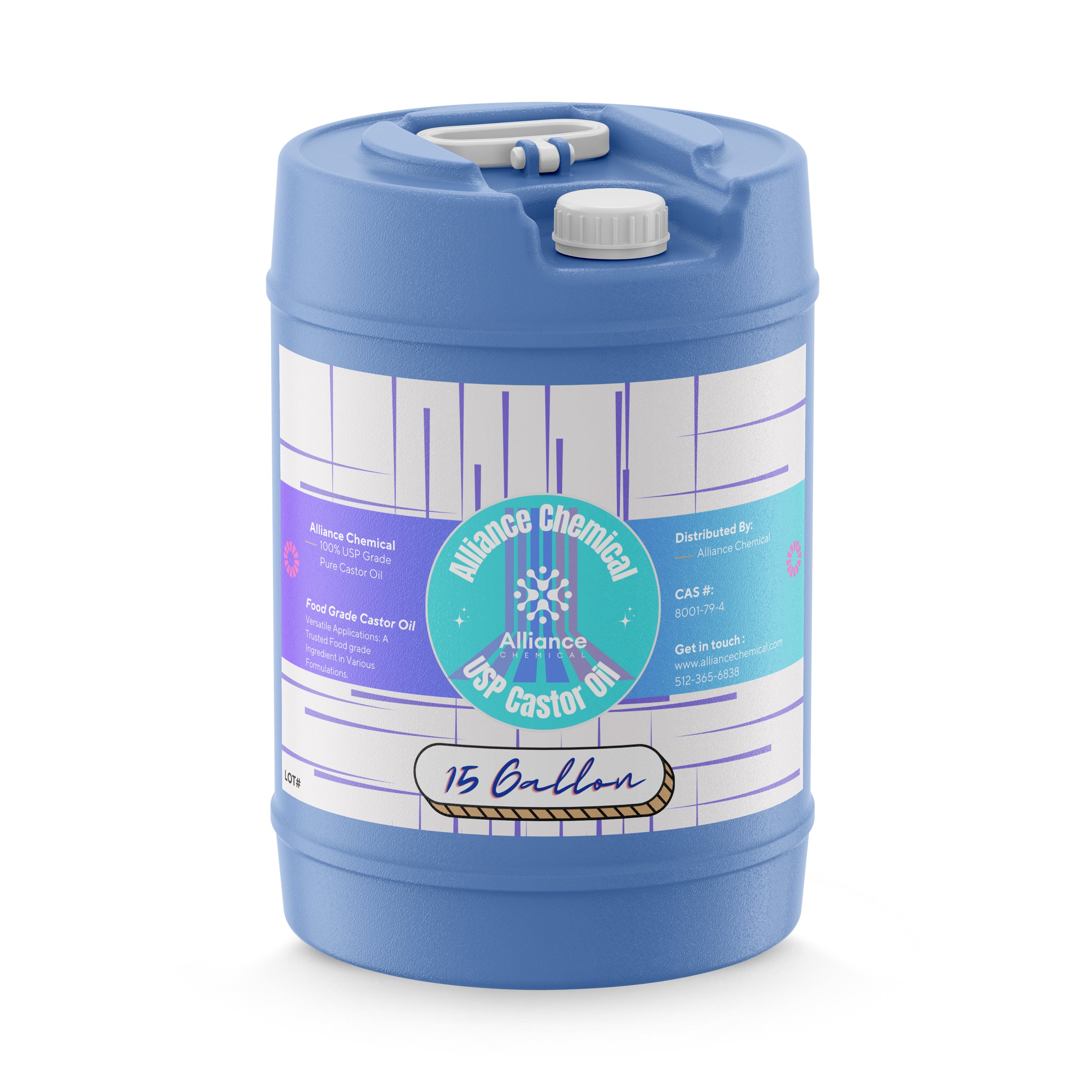 Alliance Chemical 100% USP grade pure castor oil in blue 15-gallon HDPE drum with secure cap