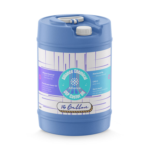 Alliance Chemical 100% USP grade pure castor oil in blue 15-gallon HDPE drum with secure cap