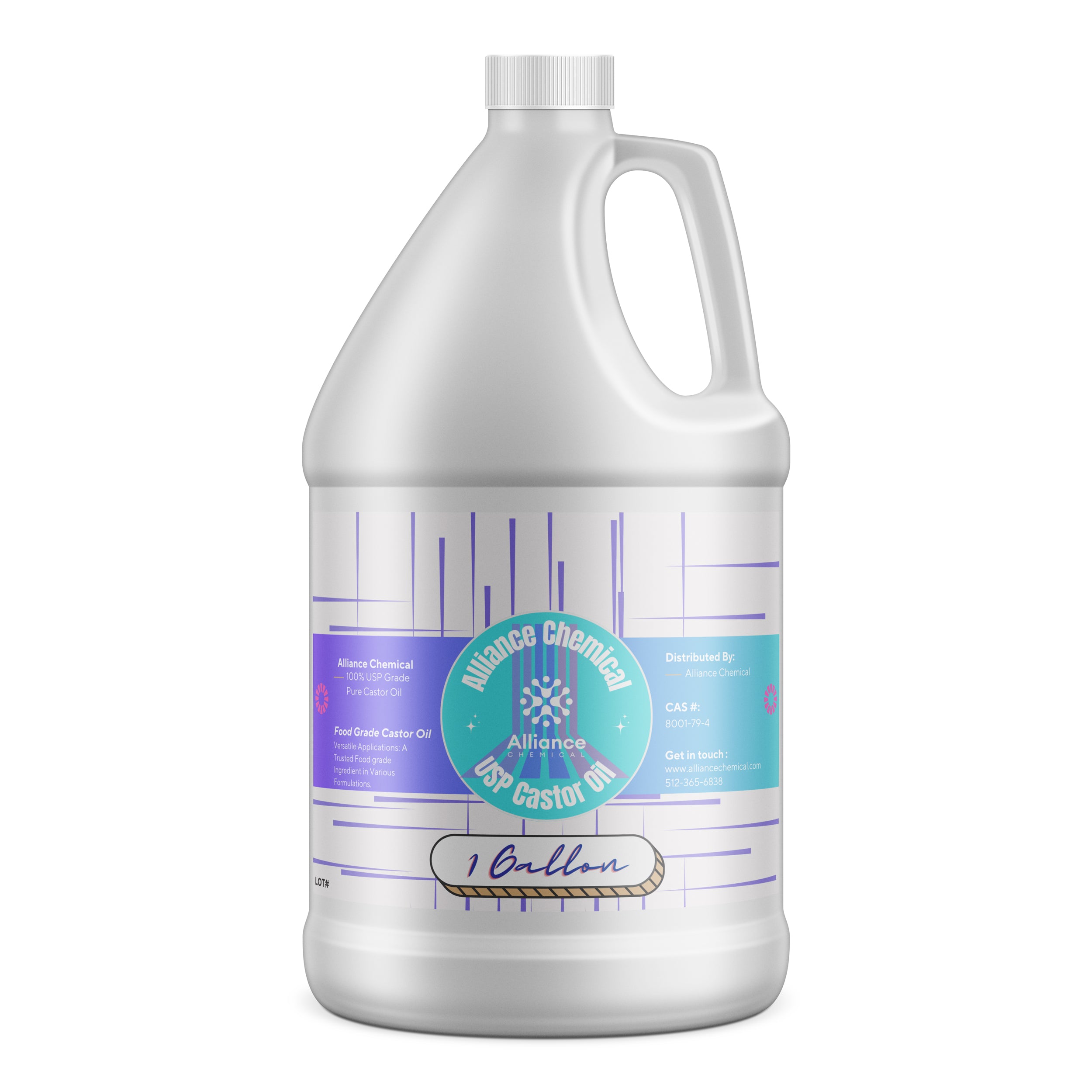 Alliance Chemical 100% USP grade pure castor oil in a clear 1-gallon HDPE jug with handle