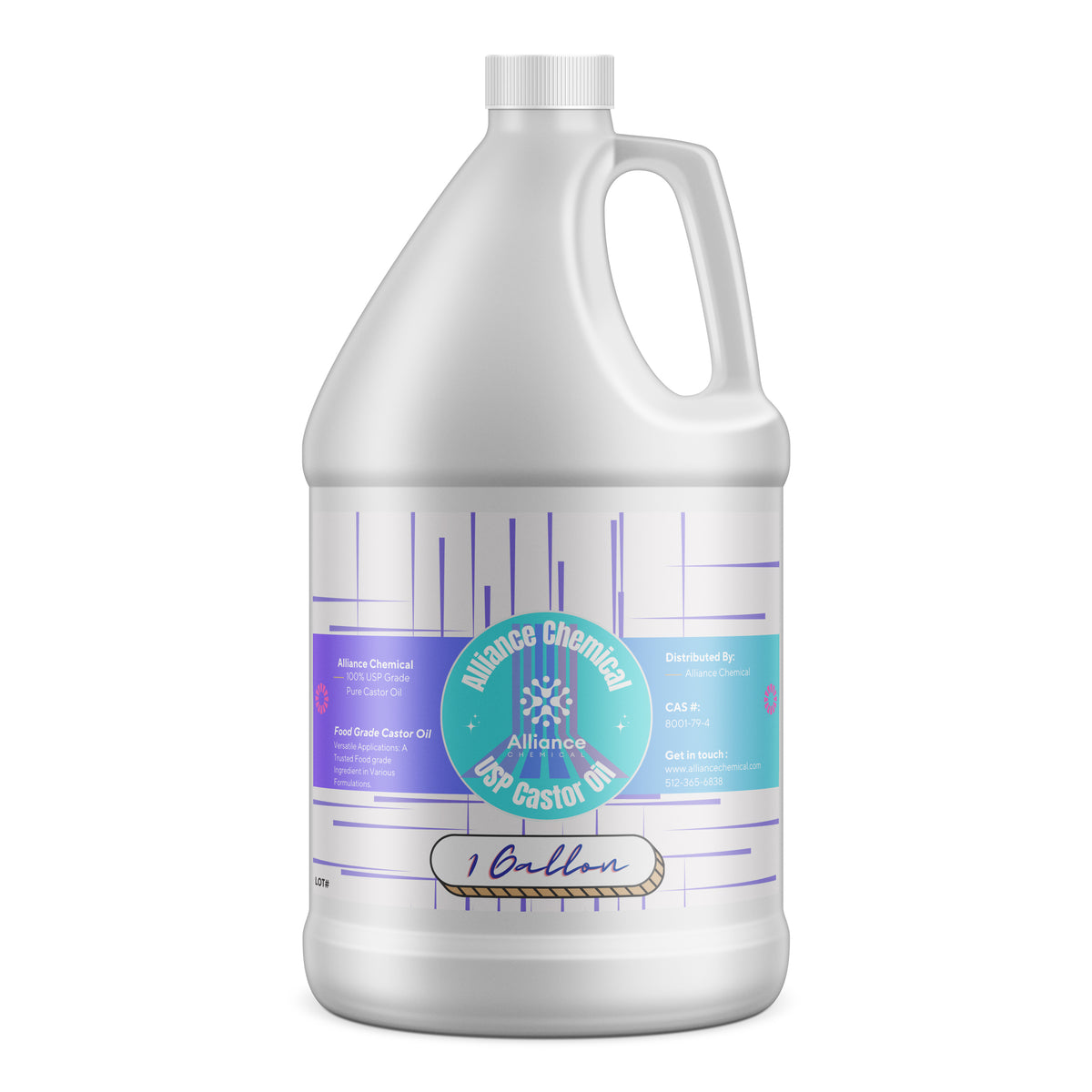 Alliance Chemical 100% USP grade pure castor oil in a clear 1-gallon HDPE jug with handle