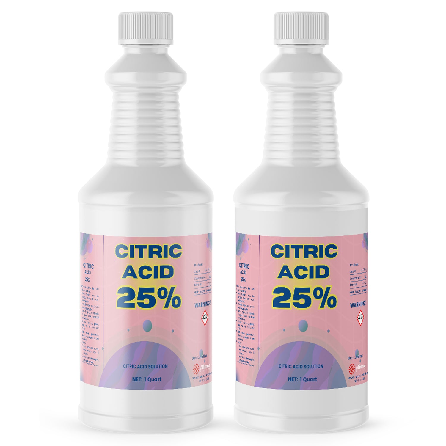 Two 1-quart bottles of 25% Citric Acid solution in white HDPE containers with ribbed design, pink-purple gradient labels and hazard warning symbols.