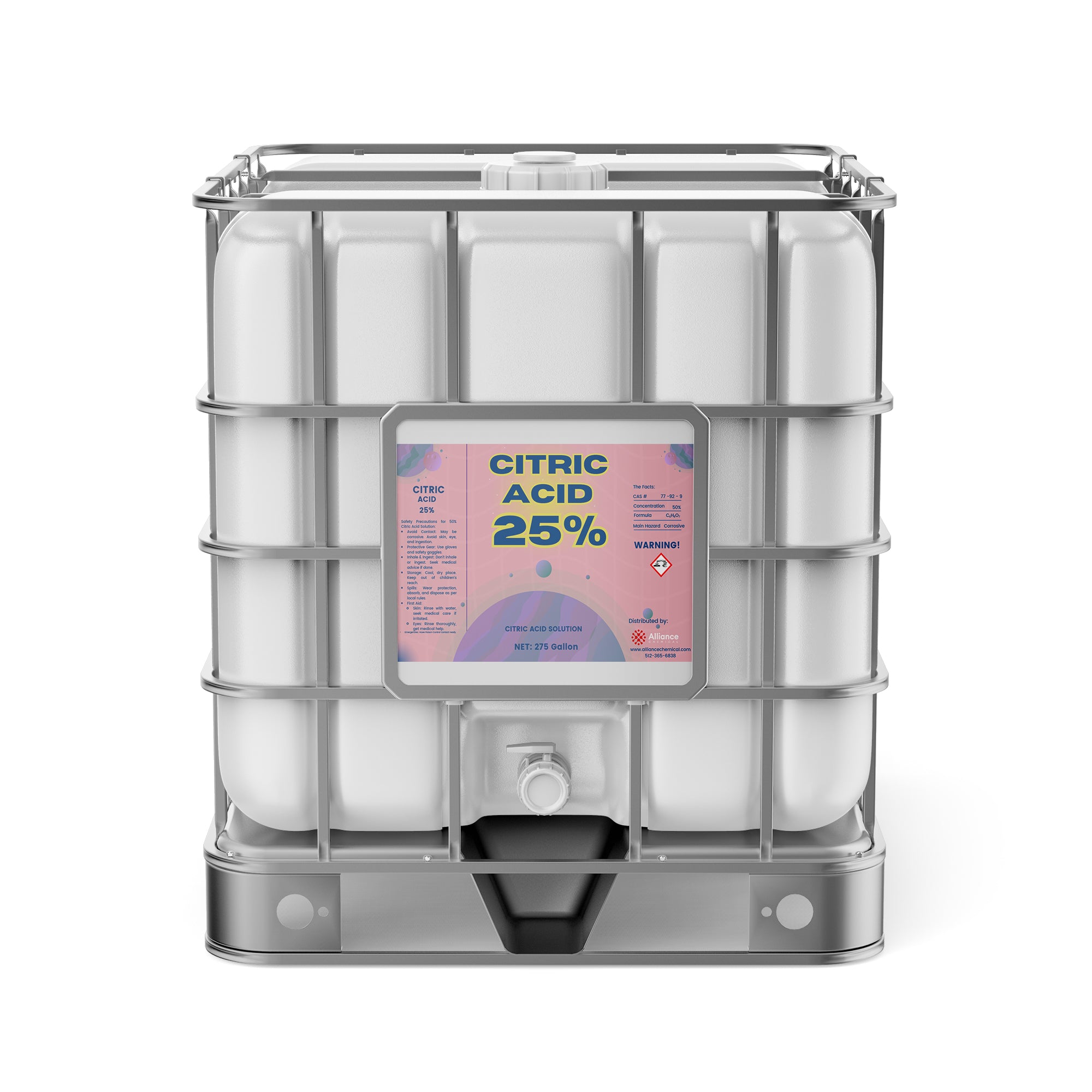 275-gallon IBC tote of 25% Citric Acid solution with metal cage frame, integrated spigot, hazard warning label and pink-hued product identification panel.